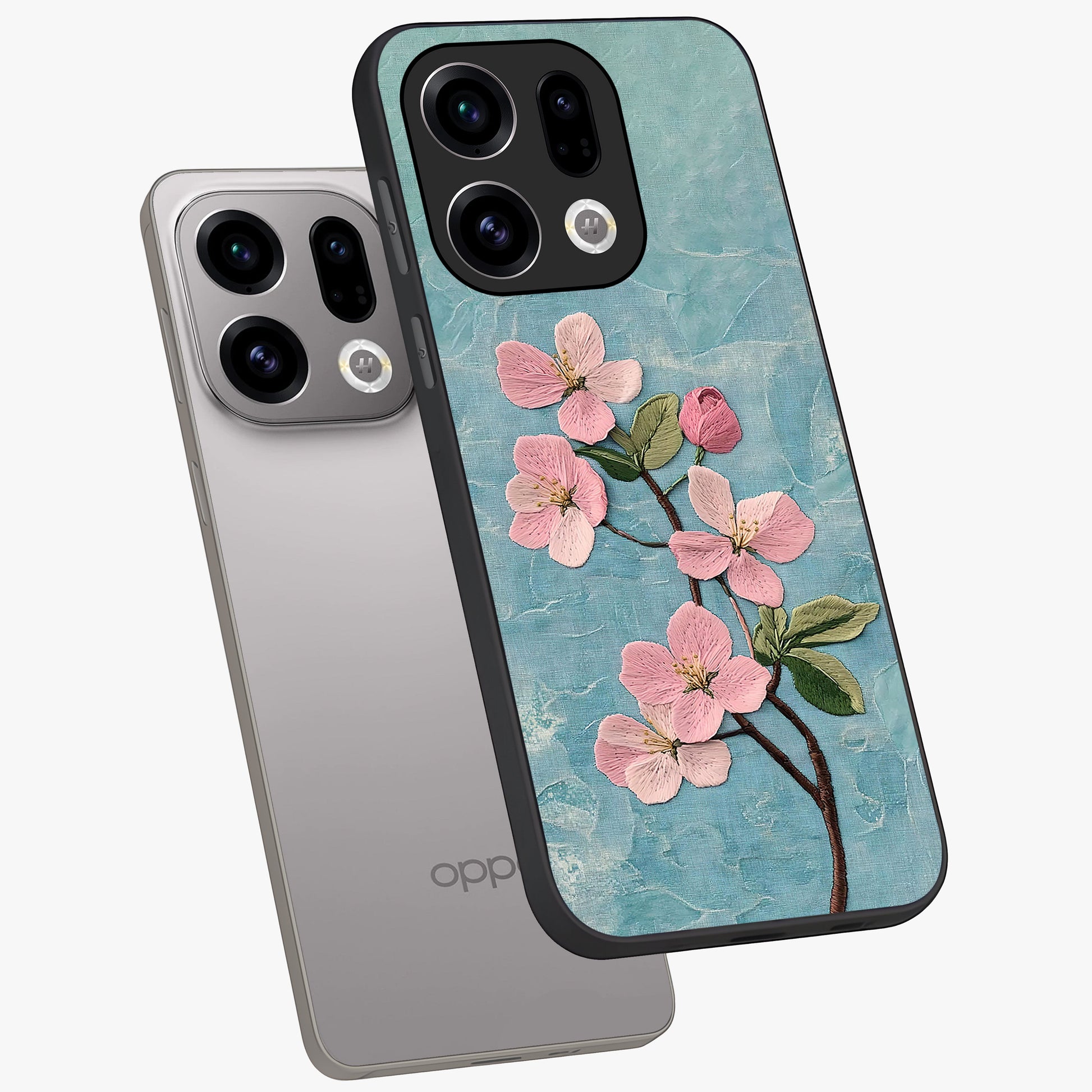 Threaded Blossom Breeze Glass Case displayed in angled mockup highlighting elegant floral design with soft aesthetic style.
