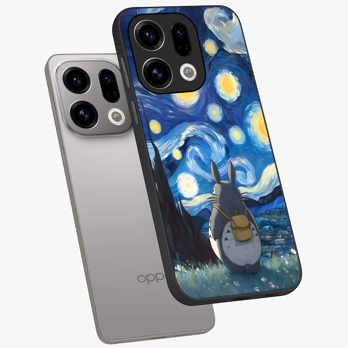 Totoro In Van Gogh Art Glass Case displayed in angled mockup highlighting artistic swirling sky design with playful animation aesthetic.