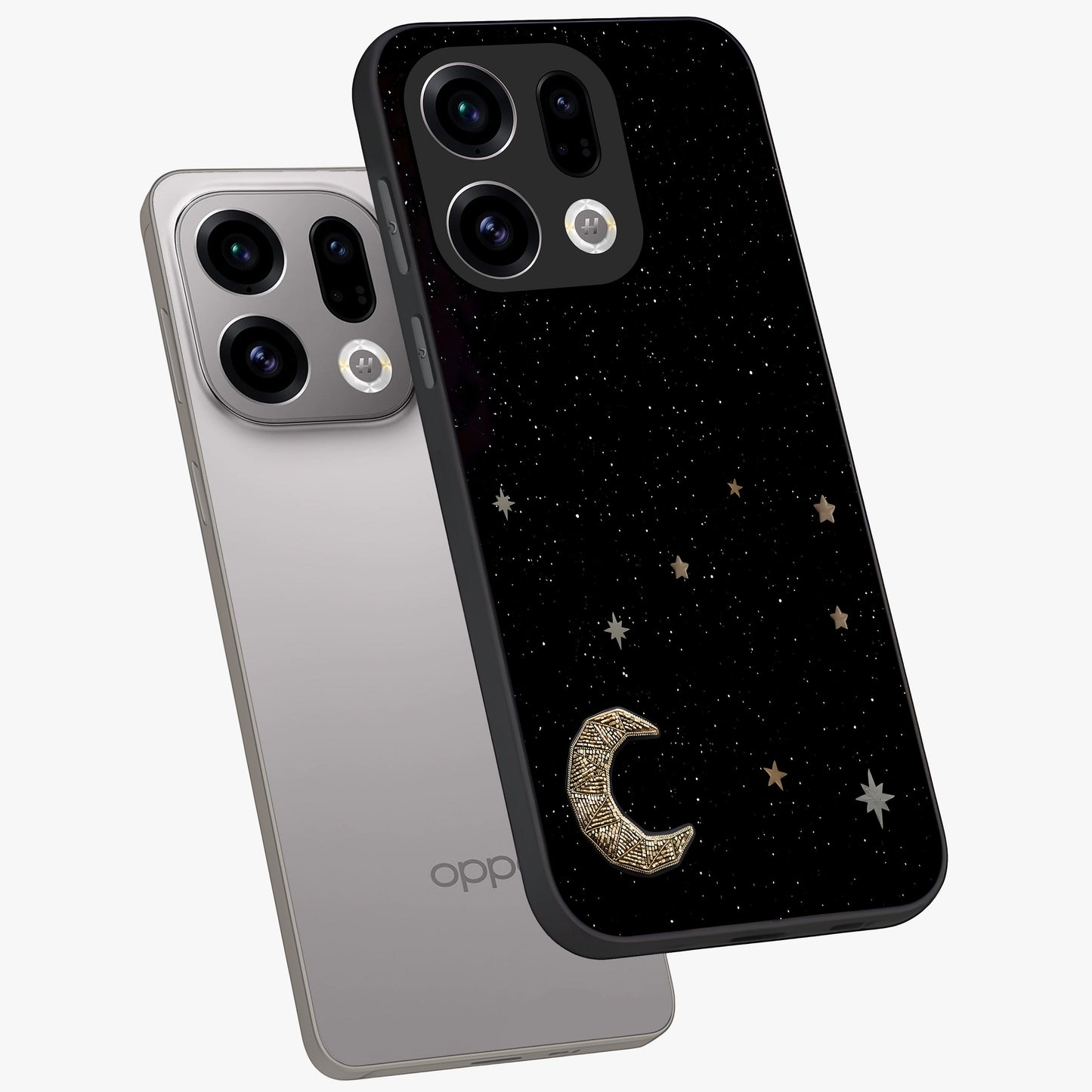 Twinkle Star With Half Moon Glass Case displayed in angled mockup highlighting celestial moon and star design with magical aesthetic.
