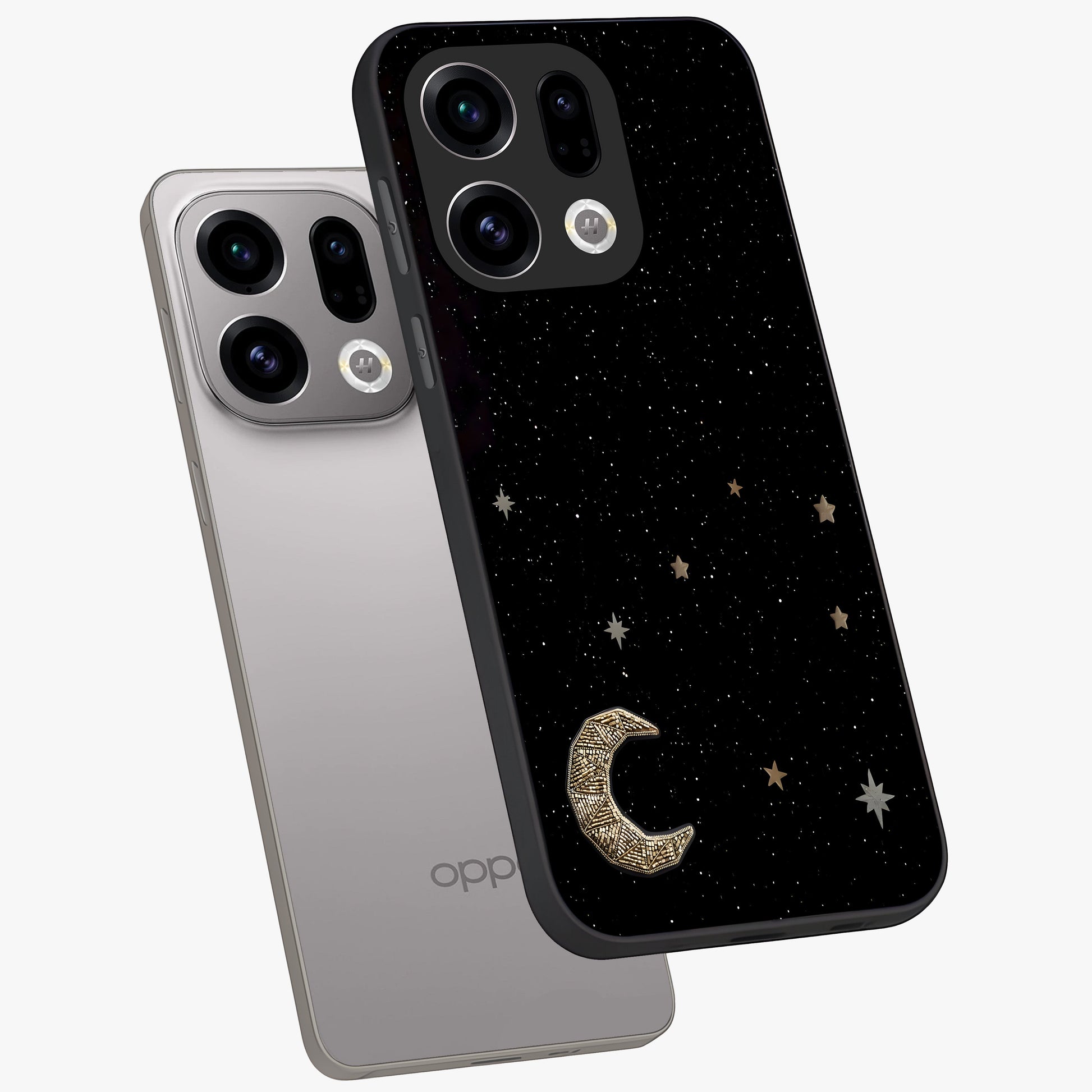 Twinkle Star With Half Moon Glass Case displayed in angled mockup highlighting celestial moon and star design with magical aesthetic.