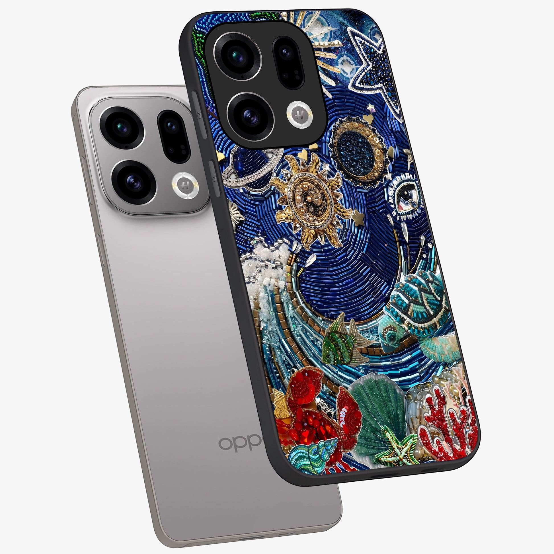 Universe Underwater Spark Glass Case displayed in angled mockup highlighting glowing aquatic design with celestial aesthetic.