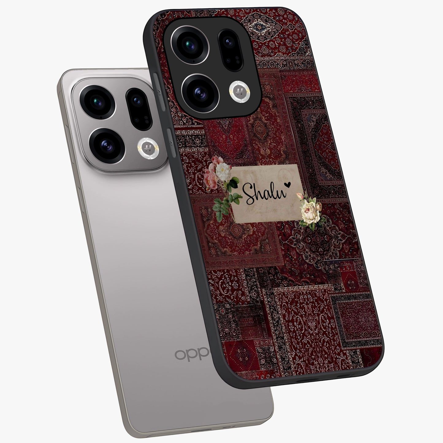 Velvet Wine Pattern Custom Name Glass Case displayed in angled mockup highlighting decorative velvet inspired design with custom name feature.