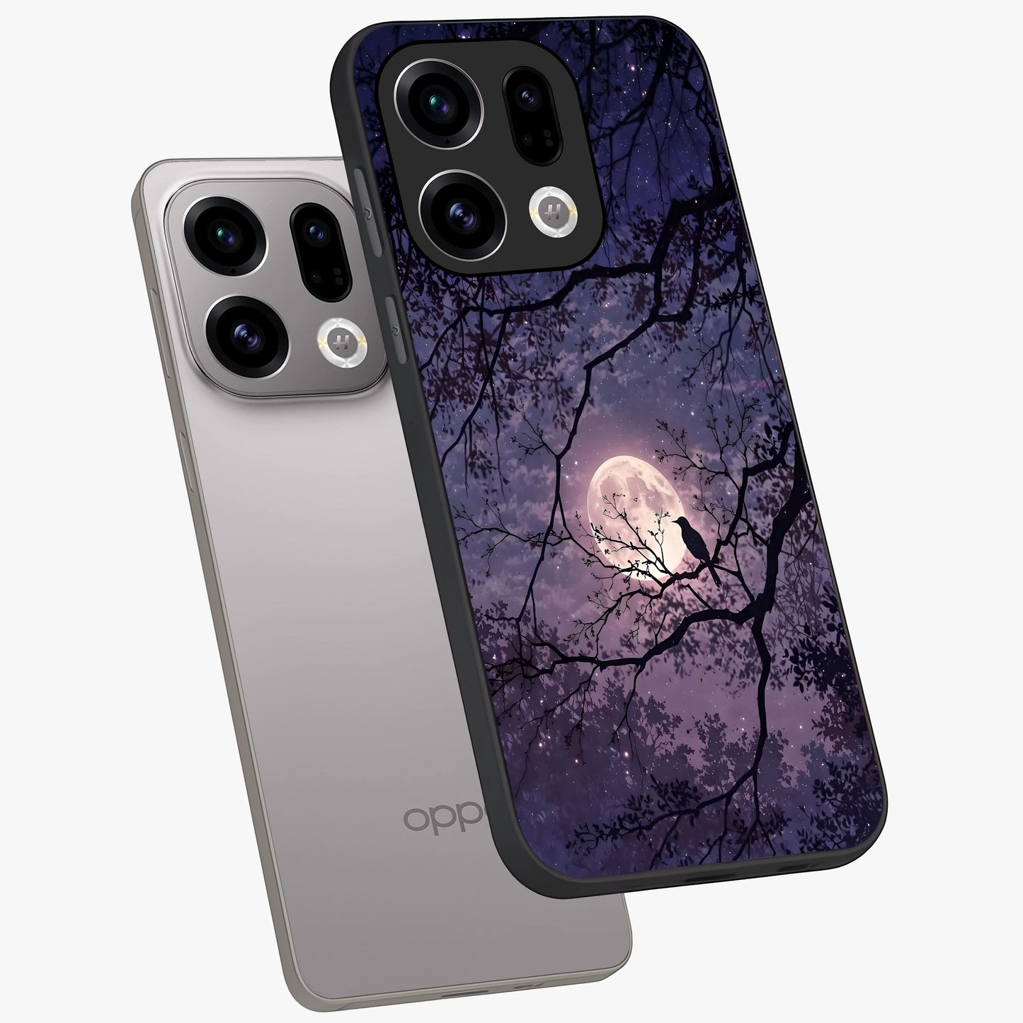 Whispering Moon Silence Glass Case displayed in angled mockup highlighting calm lunar design with dreamy night aesthetic.