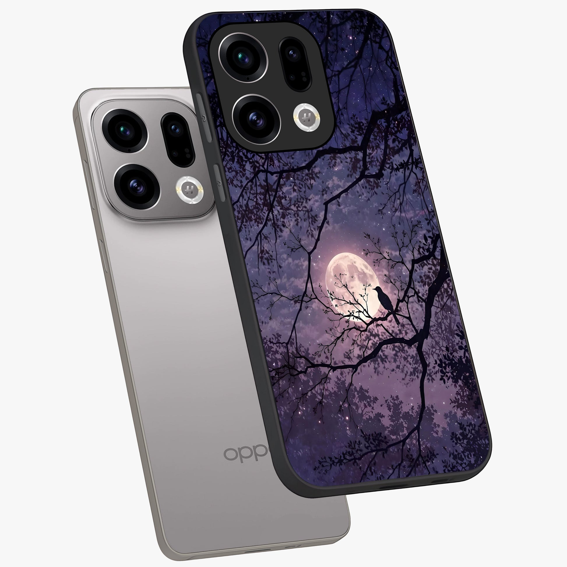Whispering Moon Silence Glass Case displayed in angled mockup highlighting calm lunar design with dreamy night aesthetic.