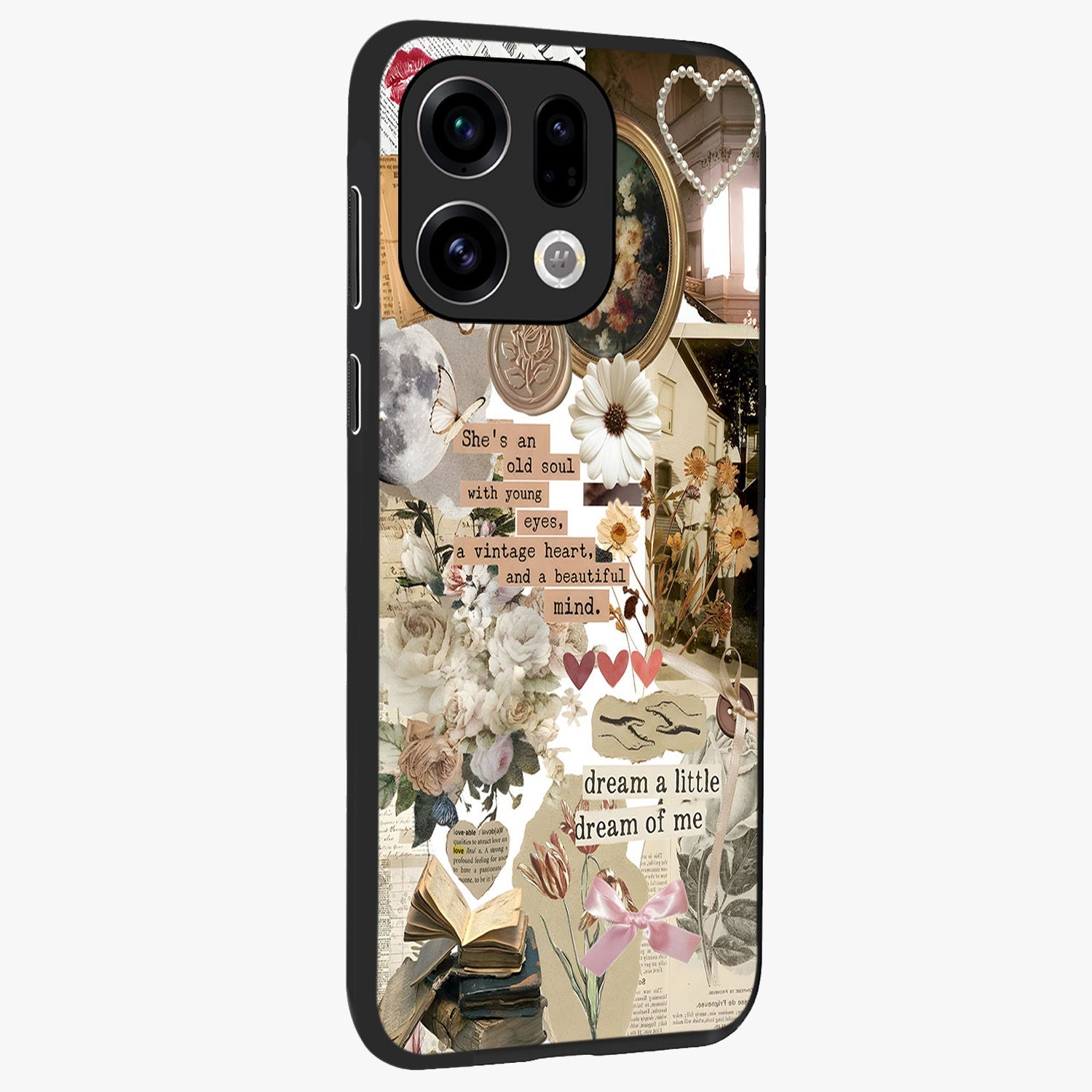 Aesthetic Brown Vintage Collage Glass Case upright view showcasing nostalgic retro artwork with stylish vintage theme.