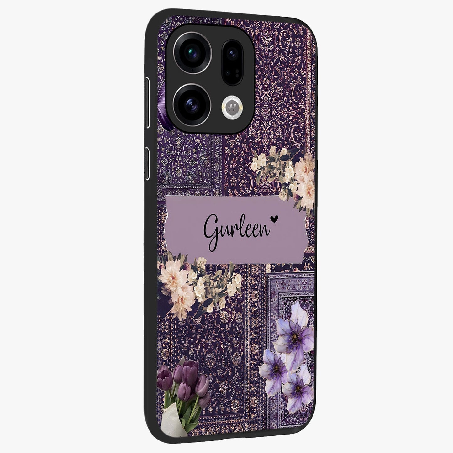 Antique Floral Whisper Custom Name Glass Case upright view showcasing delicate floral artwork with custom name feature.