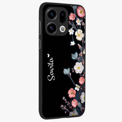 Black Elegance Floral Custom Name Glass Case upright view showcasing luxurious black floral design with personalized name detail.