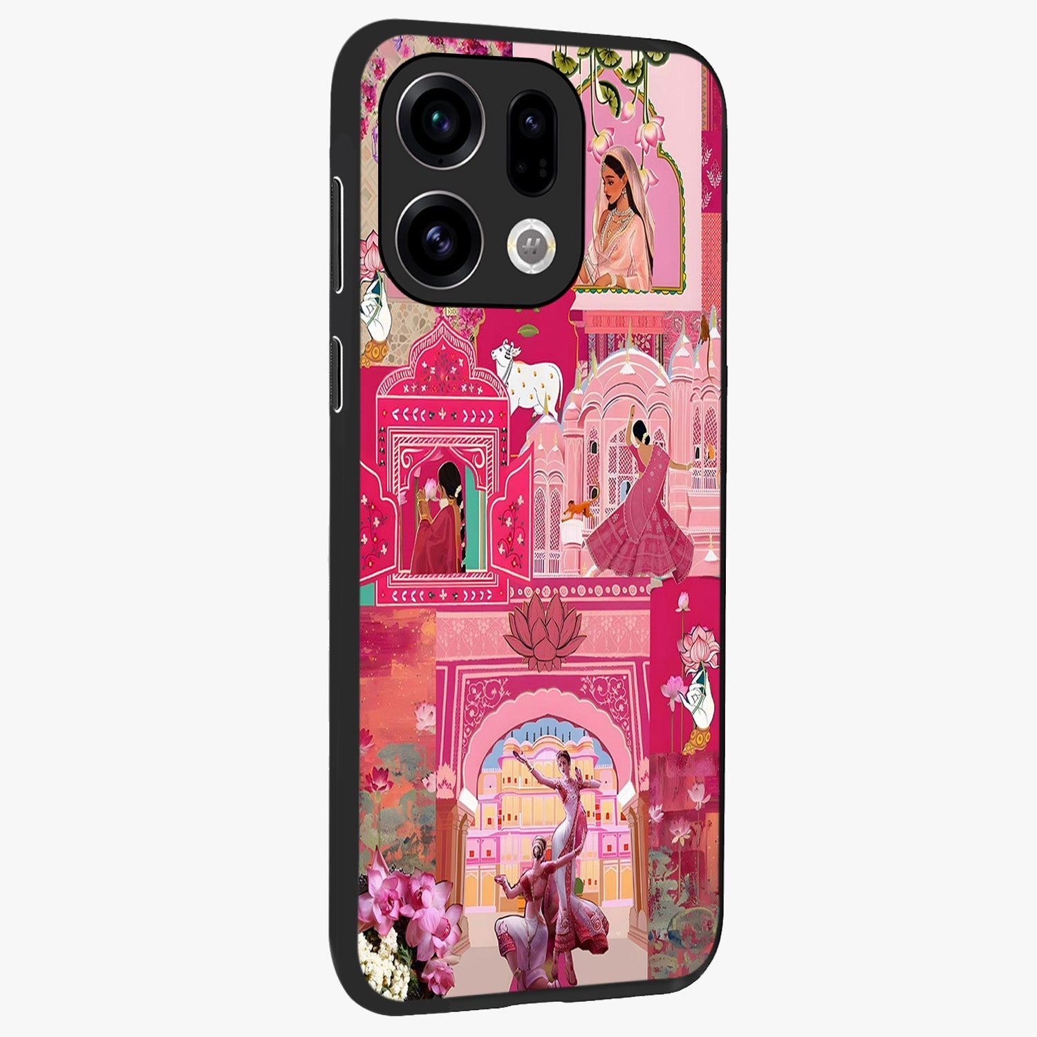Blossoms of Rajasthan Glass Case upright view showcasing colorful floral design inspired by traditional Indian art.