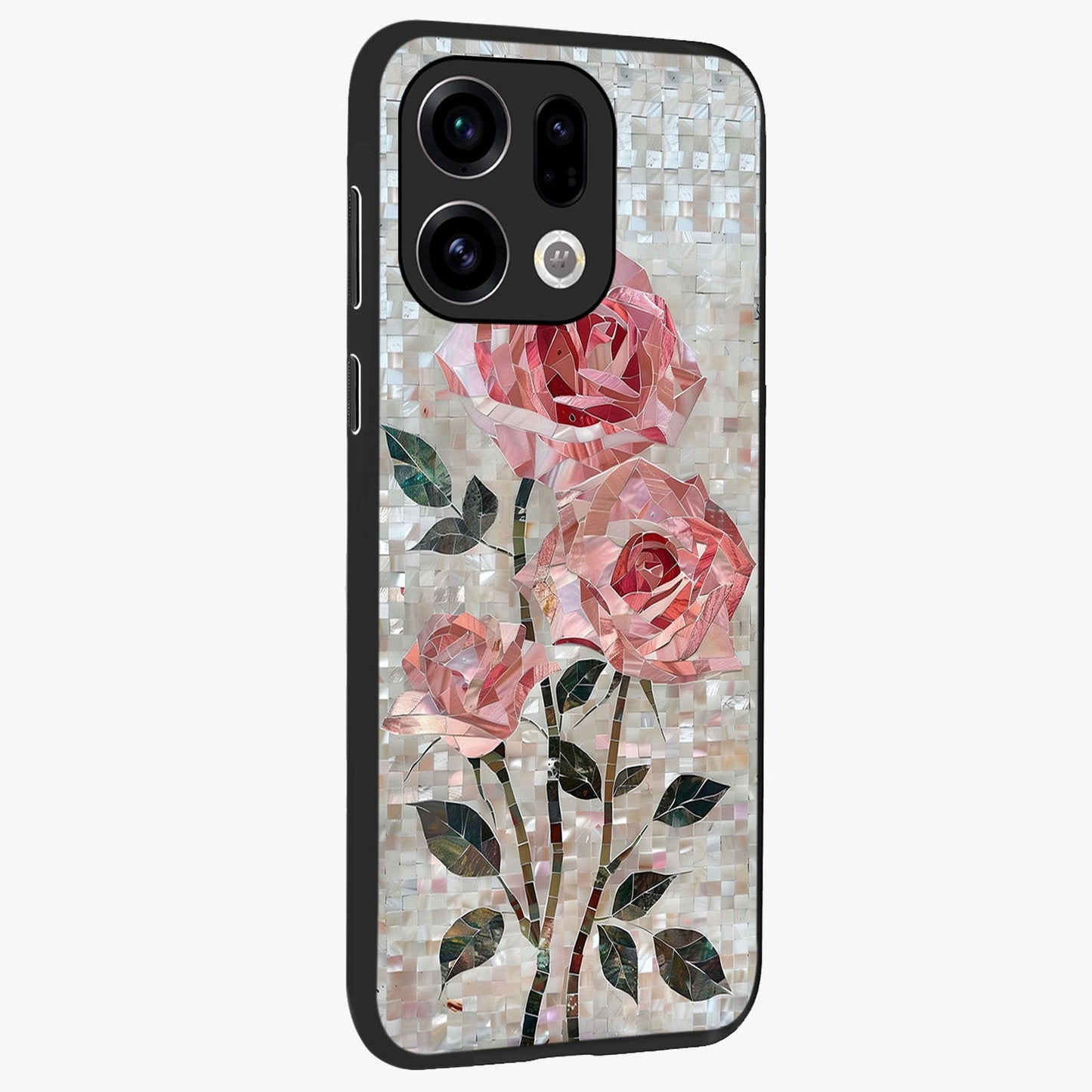Blush Mosaic Bloom Glass Case upright view showcasing decorative floral mosaic artwork with stylish modern aesthetic.