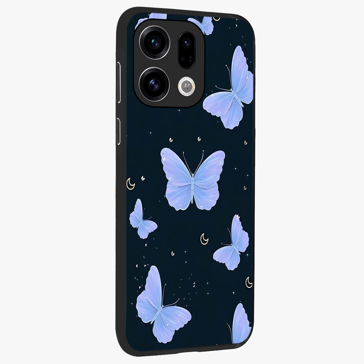 Butterfly With Stars Pattern Glass Case upright view showcasing celestial butterfly artwork with sparkling star elements.