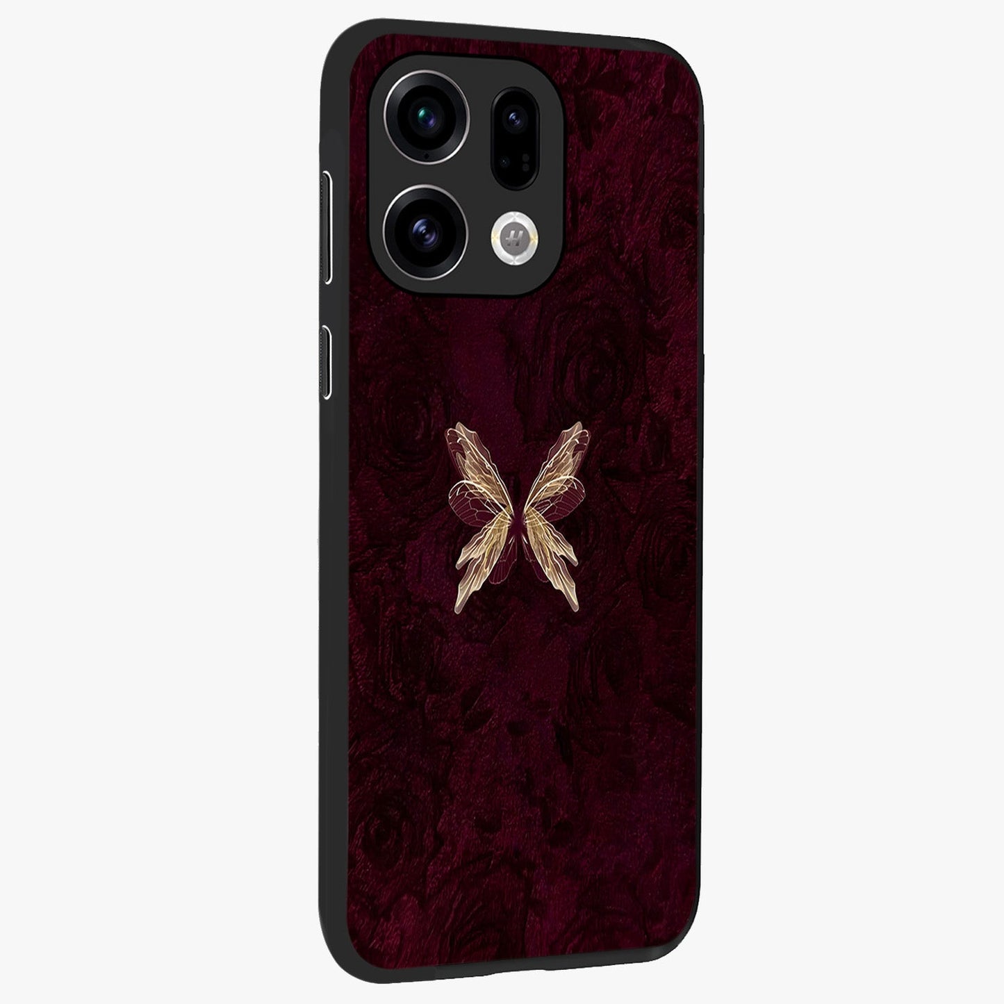 Crimson Fade Butterfly Glass Case upright view showcasing graceful butterfly artwork with soft crimson fade effect.