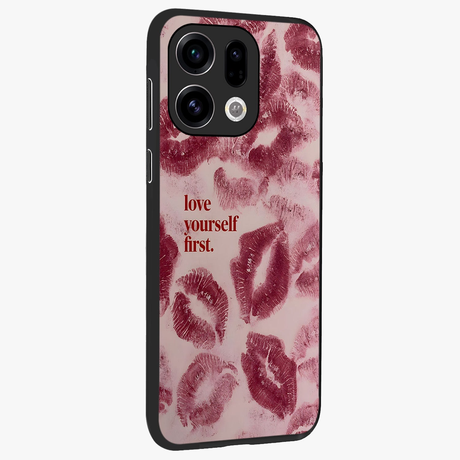 Crimson Kiss Love Glass Case upright view showcasing expressive romantic artwork with deep crimson theme.