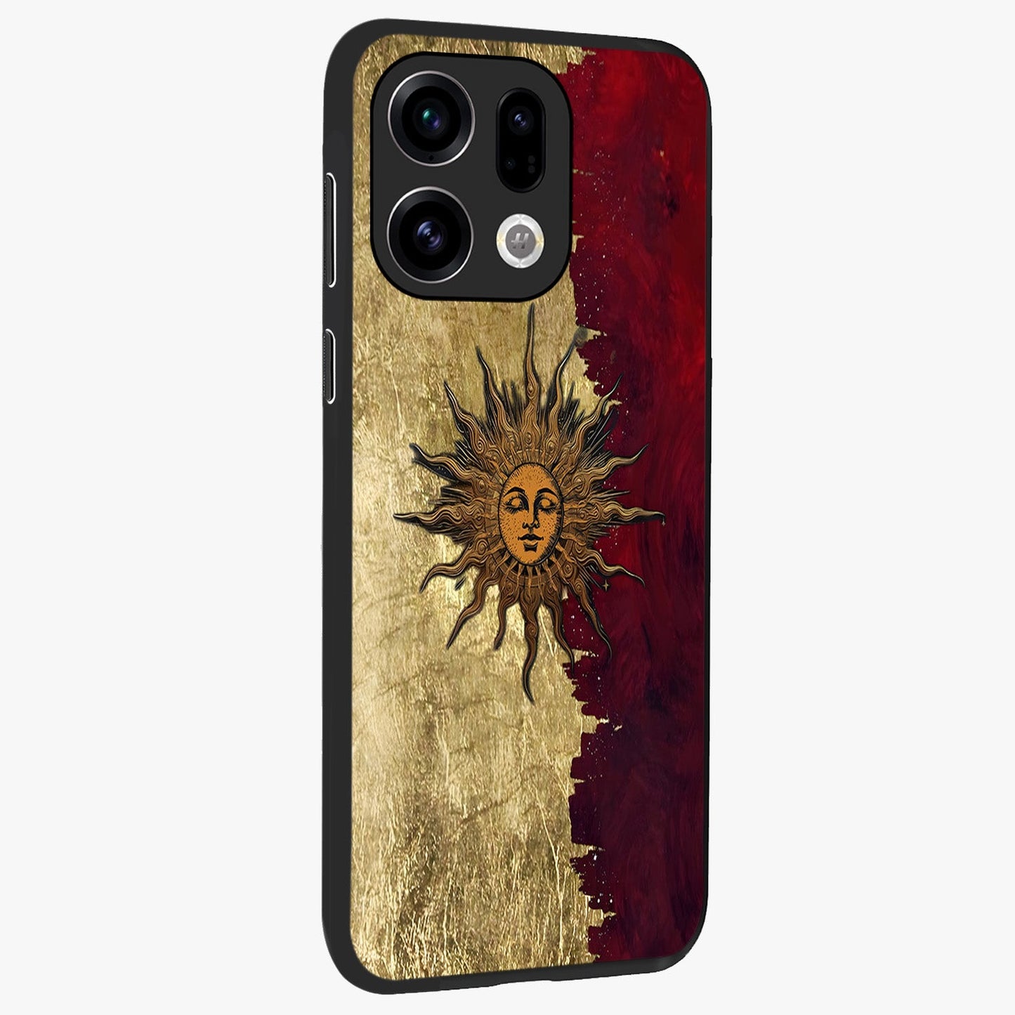 Crimson Sun Majesty Glass Case upright view showcasing vibrant sun artwork with powerful celestial theme.