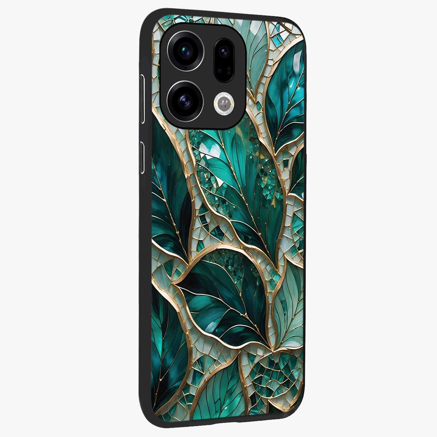 Emerald Leaf Glass Glass Case upright view showcasing fresh green leaf artwork with calming nature inspired style.