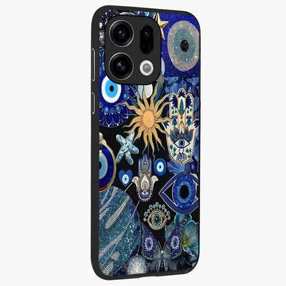 Evil Eye Charm Mix Glass Case upright view showcasing mystical evil eye pattern with vibrant decorative style.