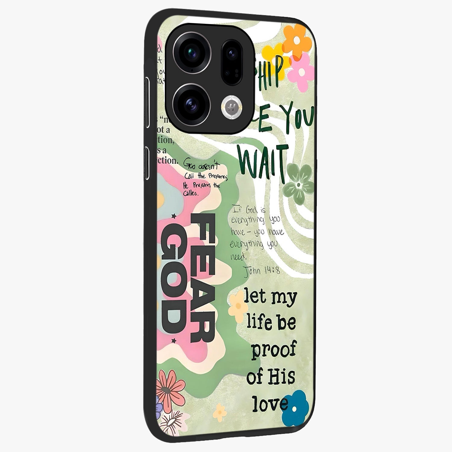 Faith Over Fear Glass Case upright view showcasing bold typography artwork with uplifting motivational theme.