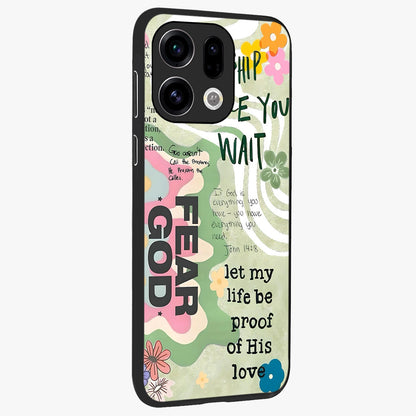 Faith Over Fear Glass Case upright view showcasing bold typography artwork with uplifting motivational theme.
