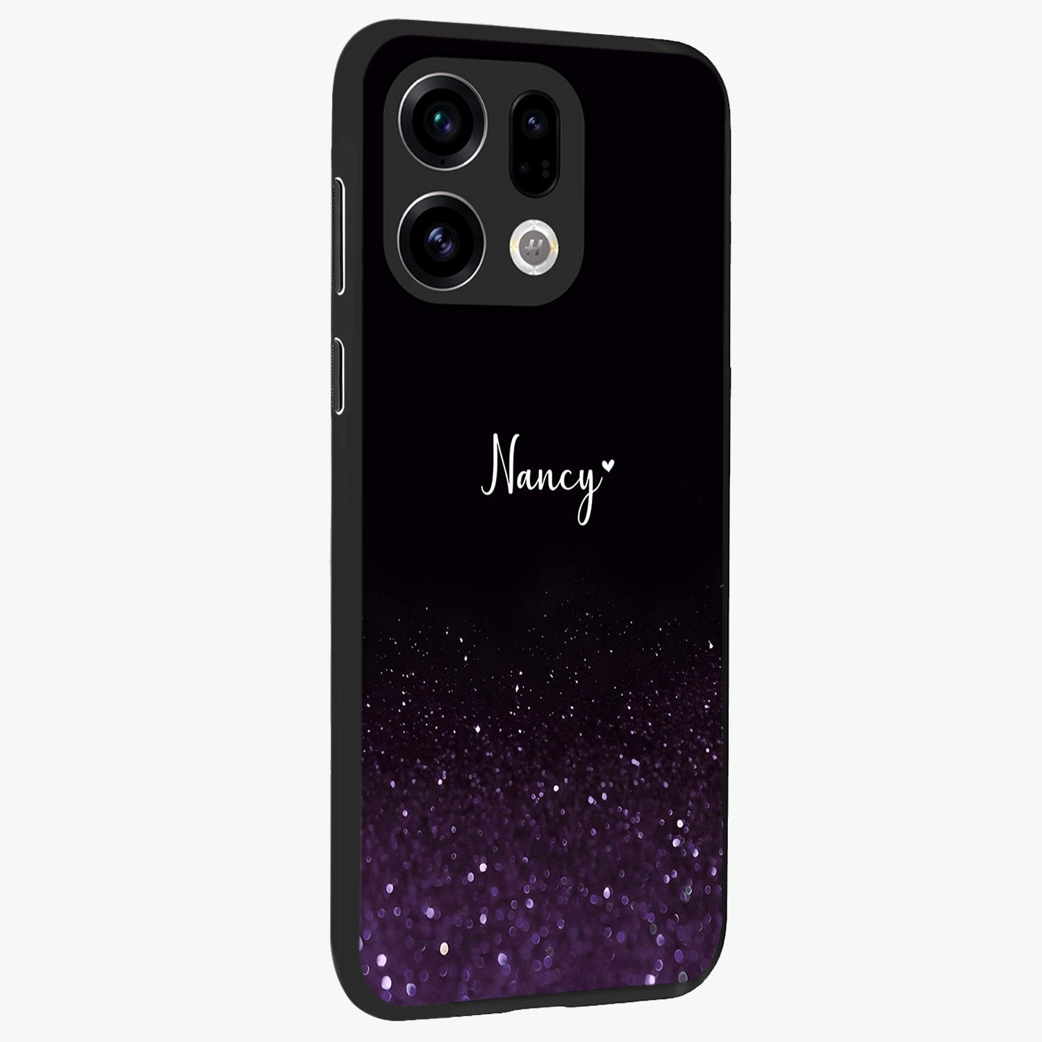 Glittery Purple Bokeh Custom Name Glass Case upright view showcasing vibrant purple sparkle artwork with personalized aesthetic style.