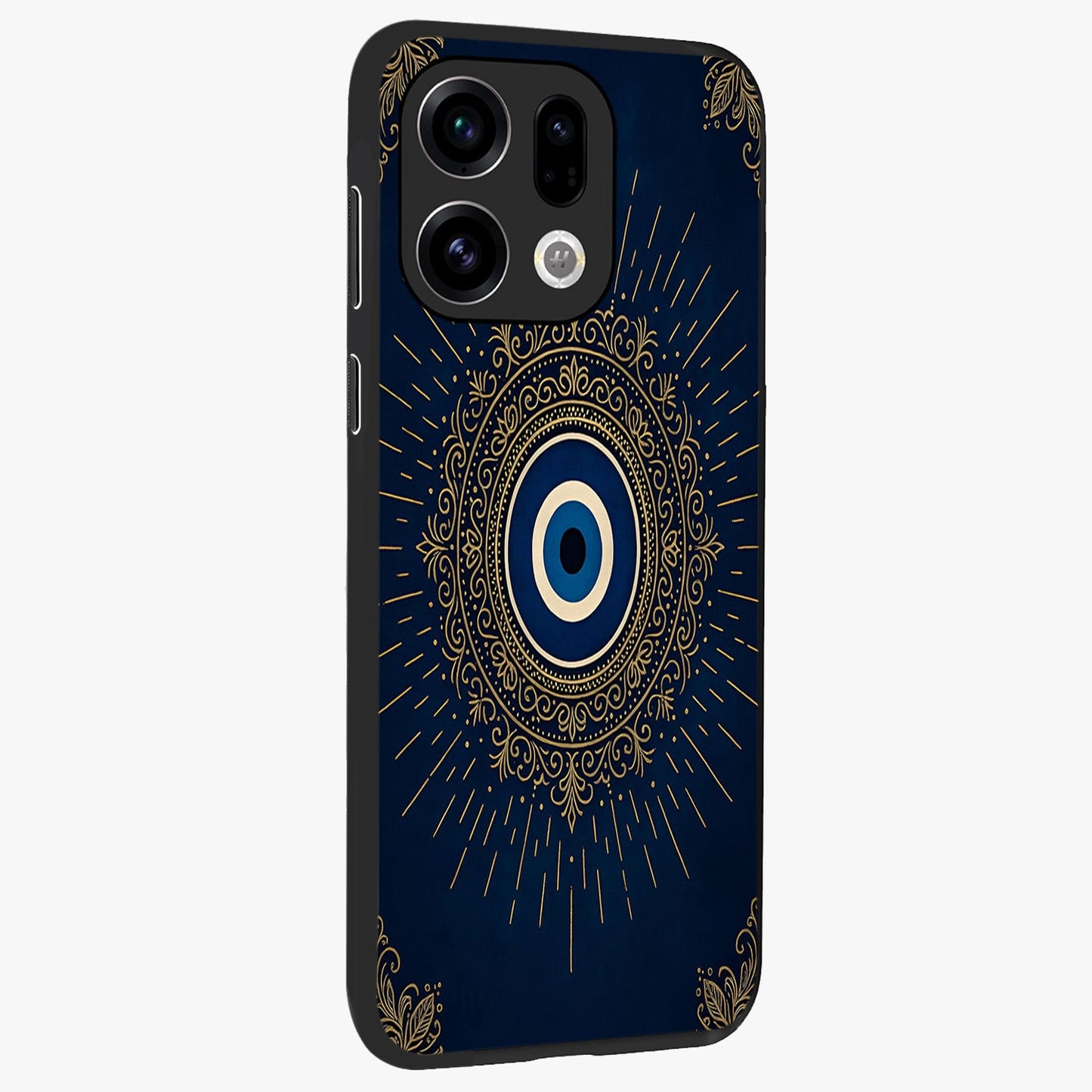 Golden Celestial Charm Glass Case upright view showcasing radiant celestial artwork with elegant golden theme.