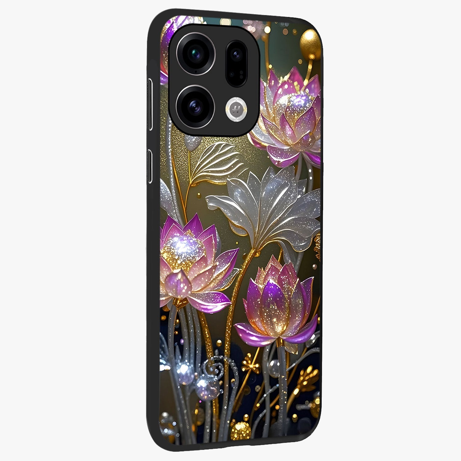 Golden Floral Majesty Glass Case upright view showcasing majestic floral artwork with rich decorative theme.