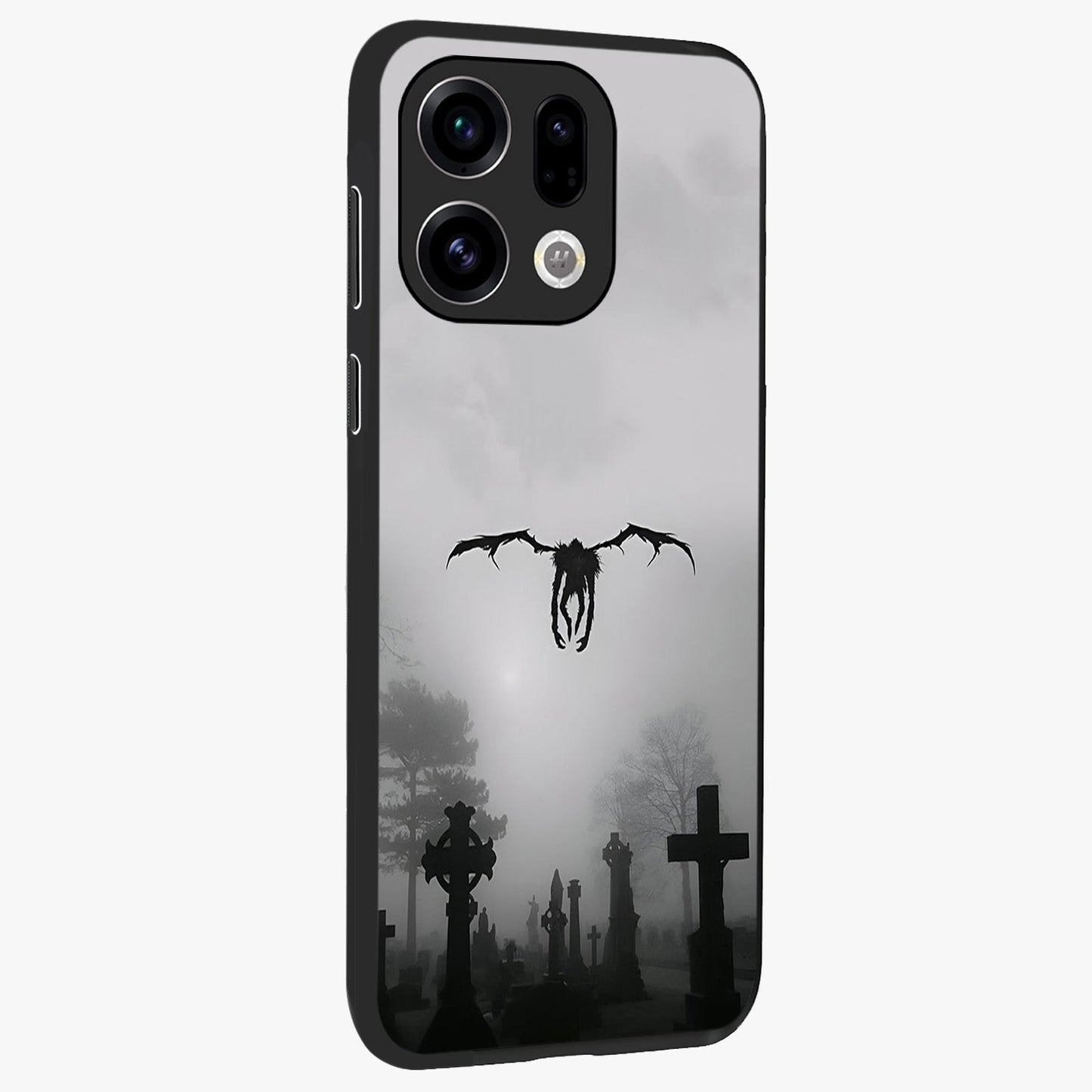 Graveyard Shadow Descent Glass Case upright view showcasing haunting graveyard artwork with dramatic dark theme.