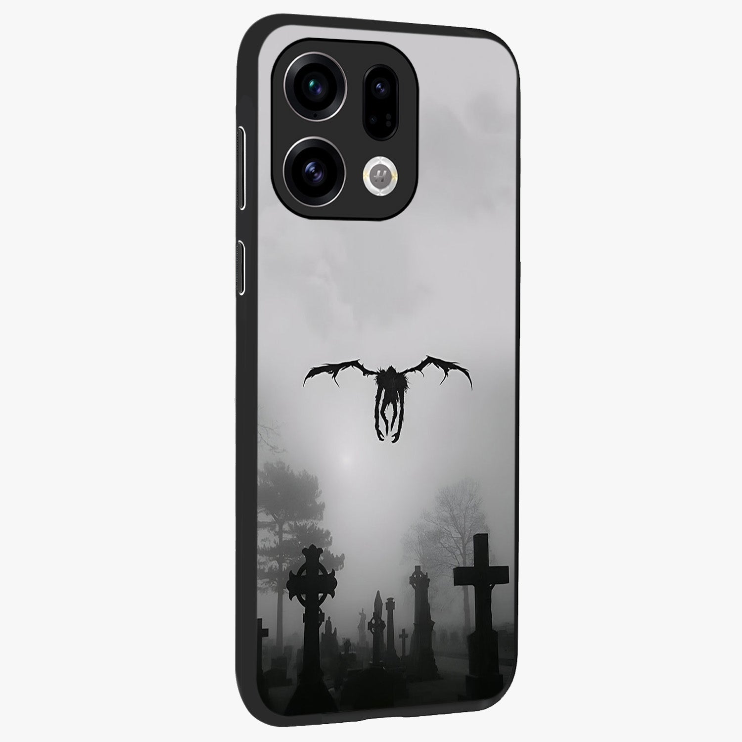 Graveyard Shadow Descent Glass Case upright view showcasing haunting graveyard artwork with dramatic dark theme.