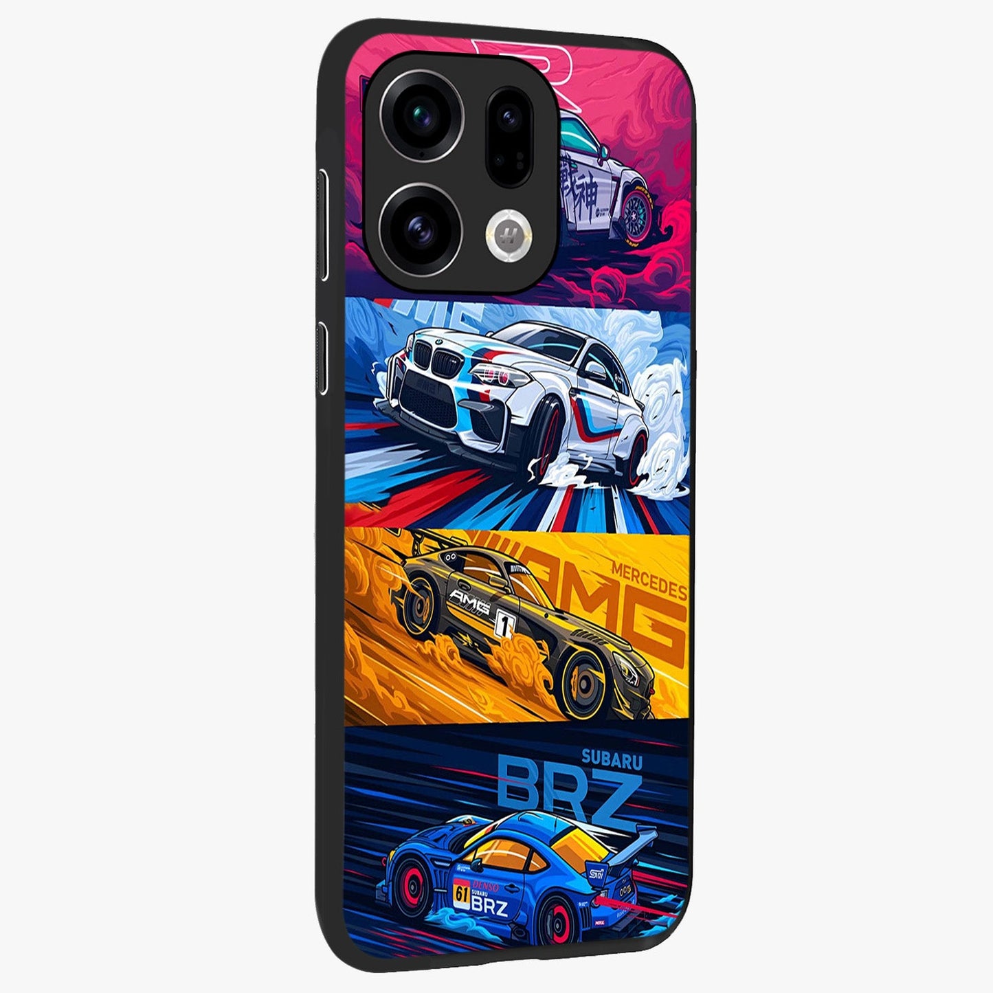 JDM Sports Car Glass Case upright view showcasing dynamic sports car artwork with bold racing theme.