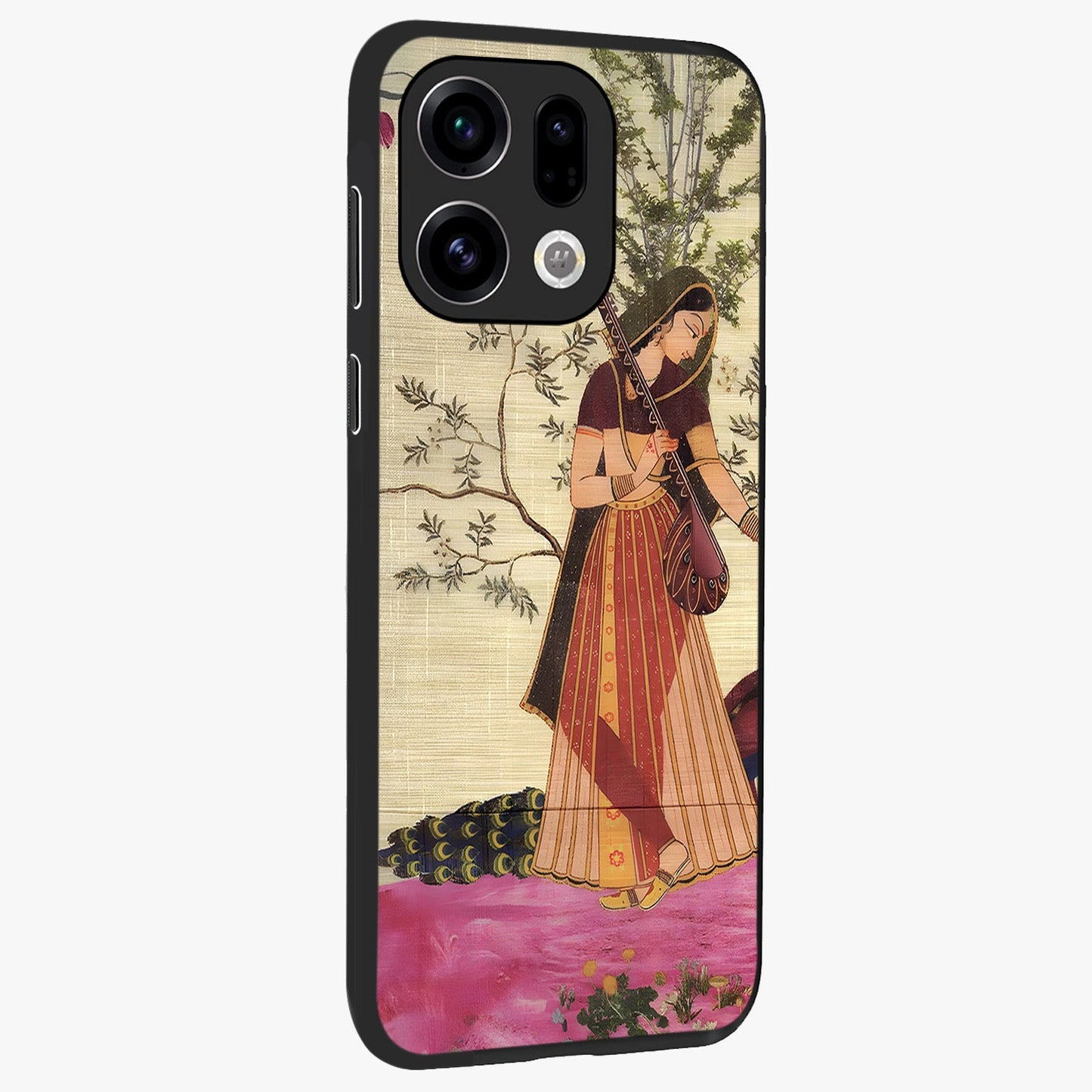 Lady With Veena Art Glass Case upright view showcasing classical veena artwork with traditional artistic theme.
