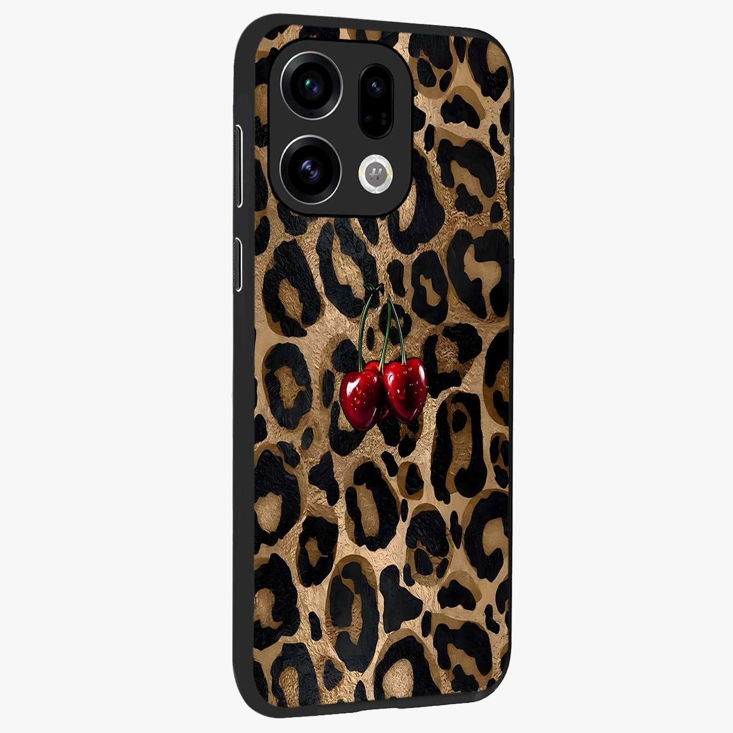 Leopard Wild Cherry Glass Case upright view showcasing stylish leopard pattern artwork with trendy fashion theme.