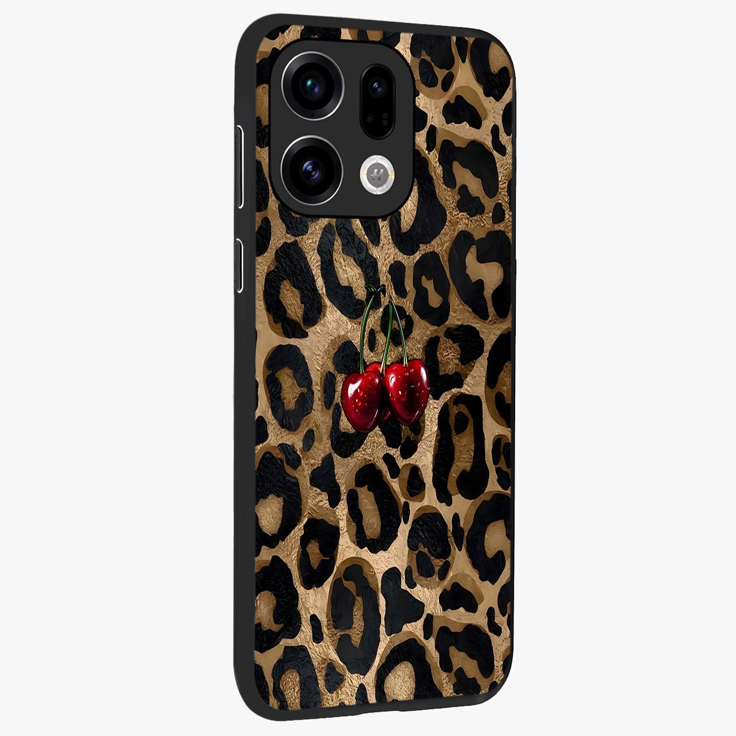 Leopard Wild Cherry Glass Case upright view showcasing stylish leopard pattern artwork with trendy fashion theme.