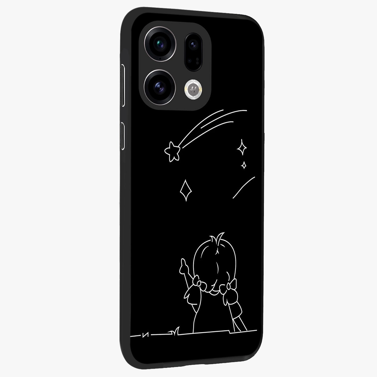 Line Art Girl With Shooting Stars Glass Case upright view showcasing delicate shooting stars artwork with minimal artistic theme.