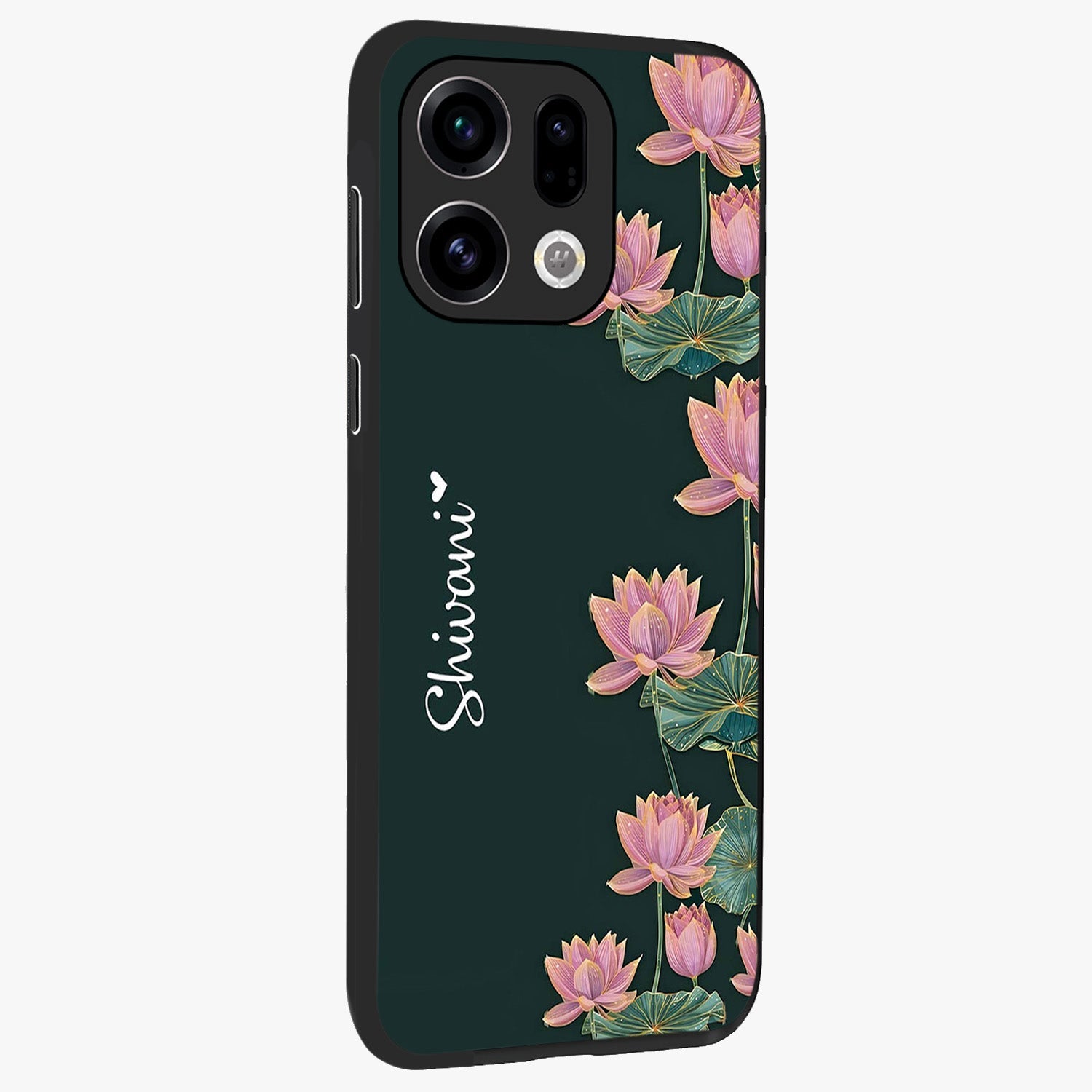Lotus Bloom Serenity Custom Name Glass Case upright view showcasing serene lotus bloom artwork with personalized floral aesthetic.