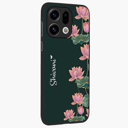 Lotus Bloom Serenity Custom Name Glass Case upright view showcasing serene lotus bloom artwork with personalized floral aesthetic.