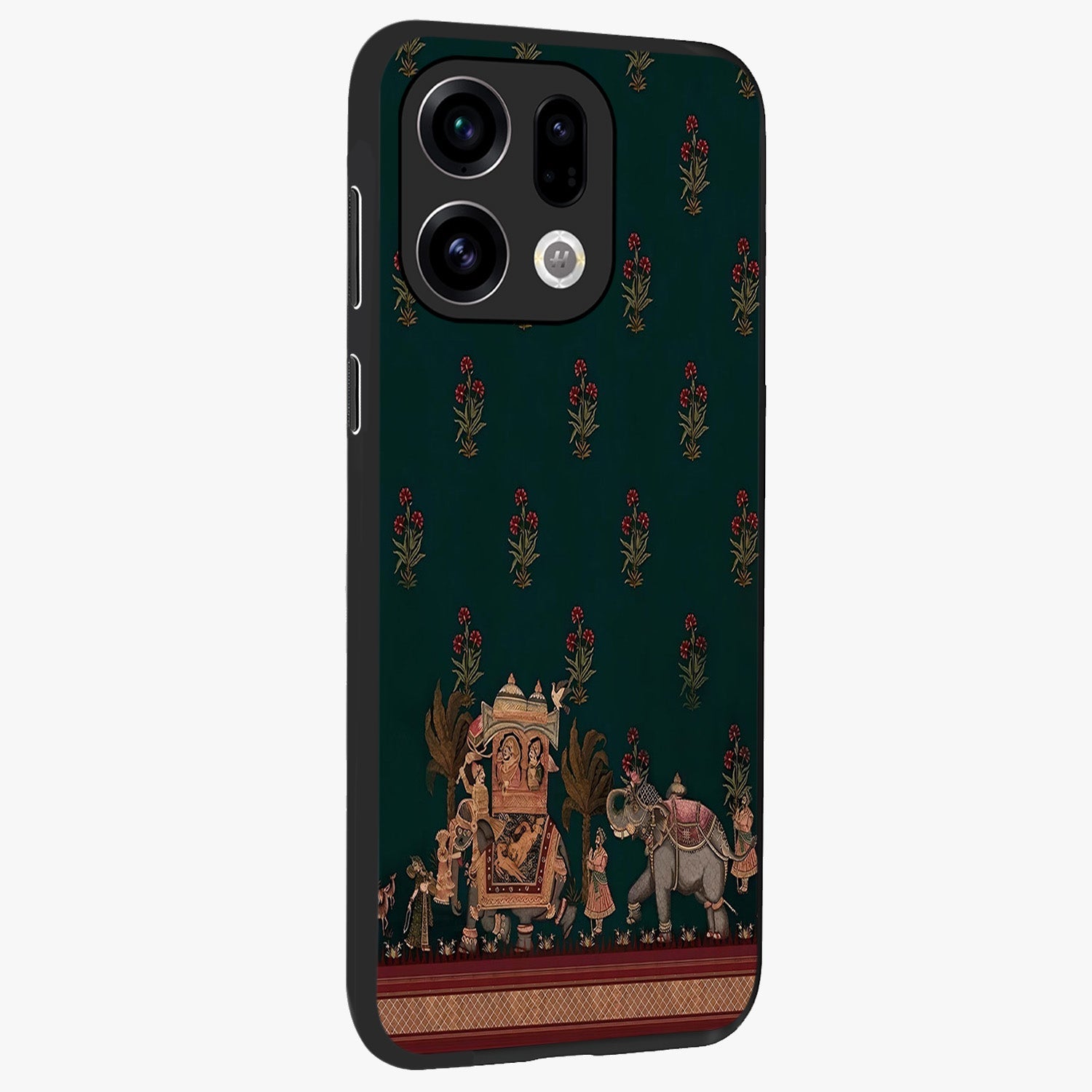 Macmerise Glass Case upright view showcasing bold artistic artwork with contemporary design theme.