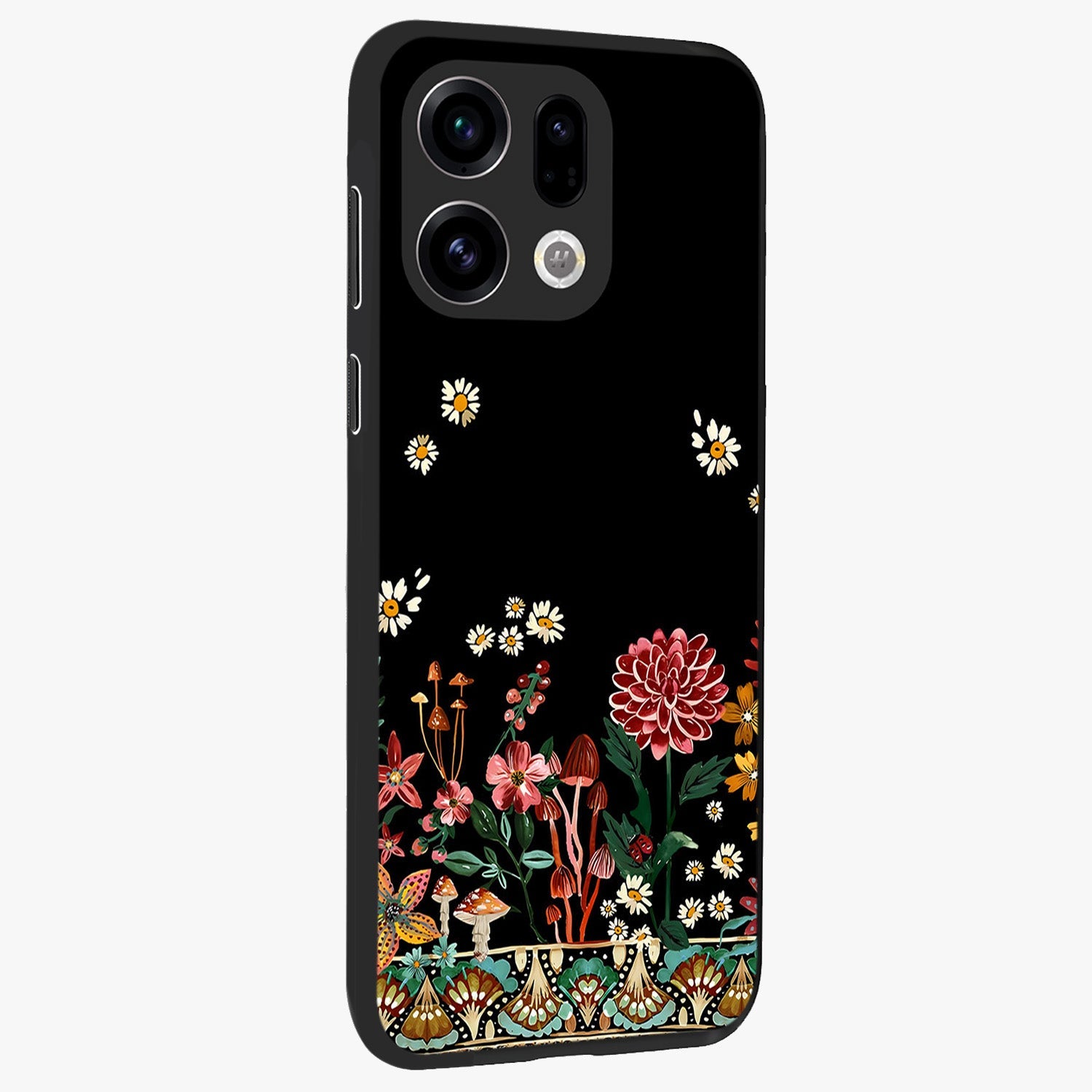 Midnight Bloom Pattern Glass Case upright view showcasing decorative floral artwork with deep night themed palette.