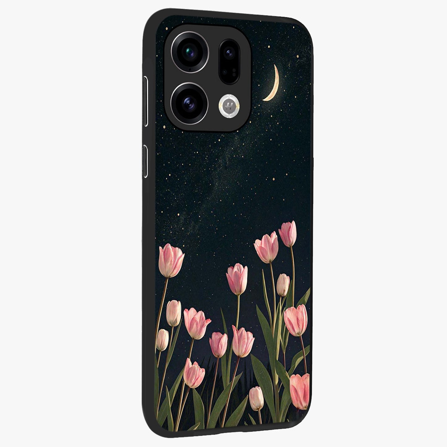 Midnight Tulip Whispers Vibe Glass Case upright view showcasing graceful tulip artwork with calm botanical theme.