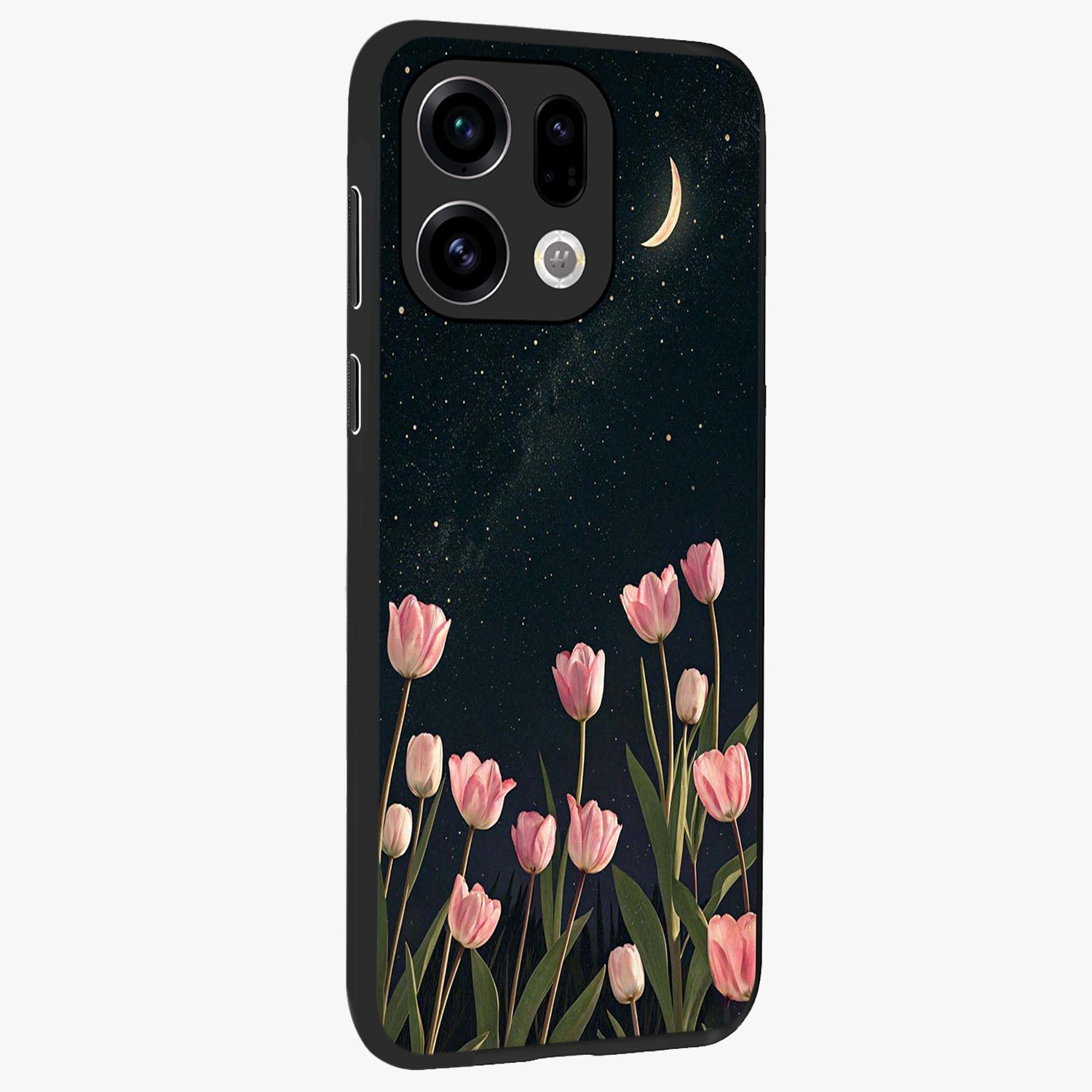 Midnight Tulip Whispers Vibe Glass Case upright view showcasing graceful tulip artwork with calm botanical theme.