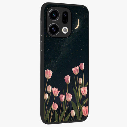 Midnight Tulip Whispers Vibe Glass Case upright view showcasing graceful tulip artwork with calm botanical theme.