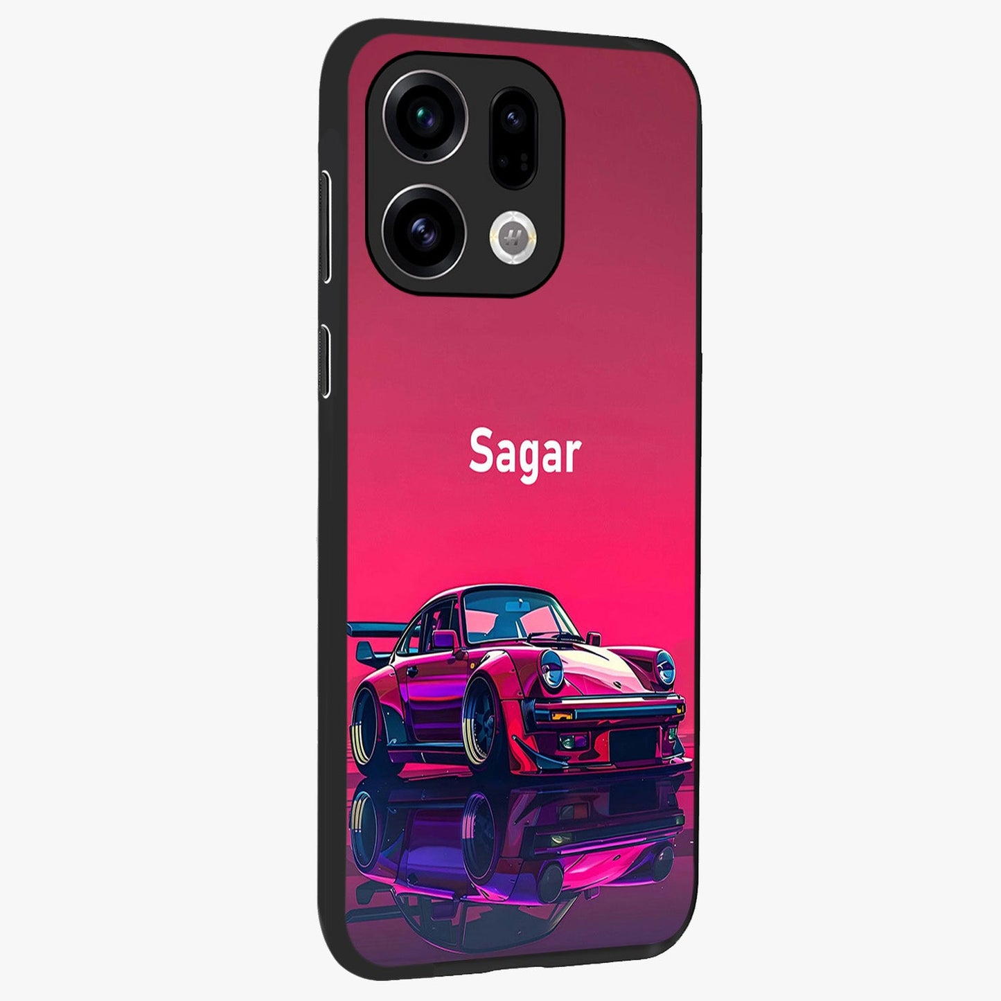 Neon Pink Porsche Glass Case upright view showcasing vibrant sports car artwork with bold automotive theme.