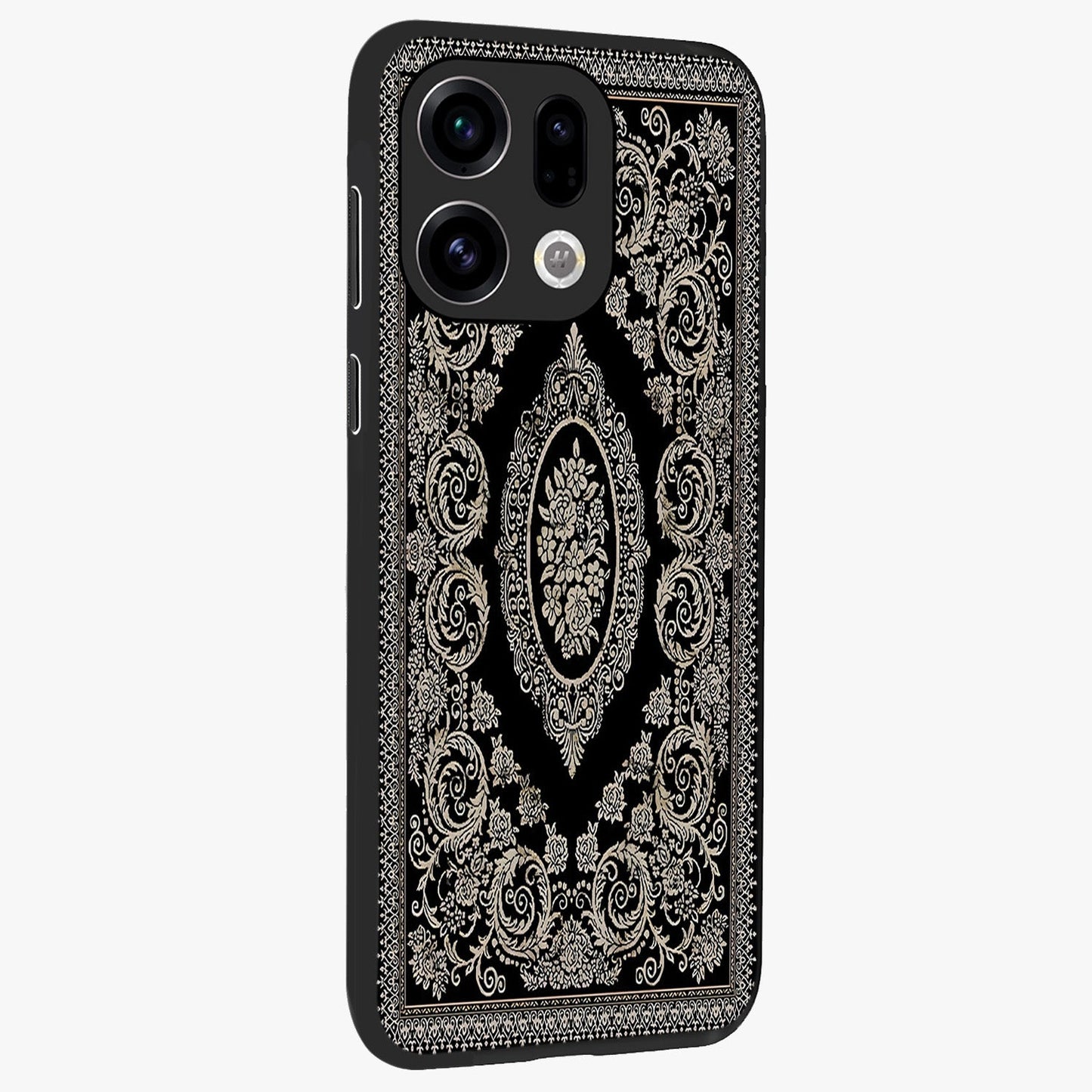 Noir Bloom Elegance Glass Case upright view showcasing graceful floral artwork with luxurious dark theme.
