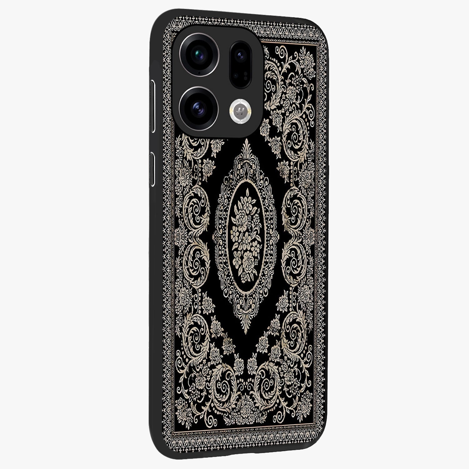 Noir Bloom Elegance Glass Case upright view showcasing graceful floral artwork with luxurious dark theme.