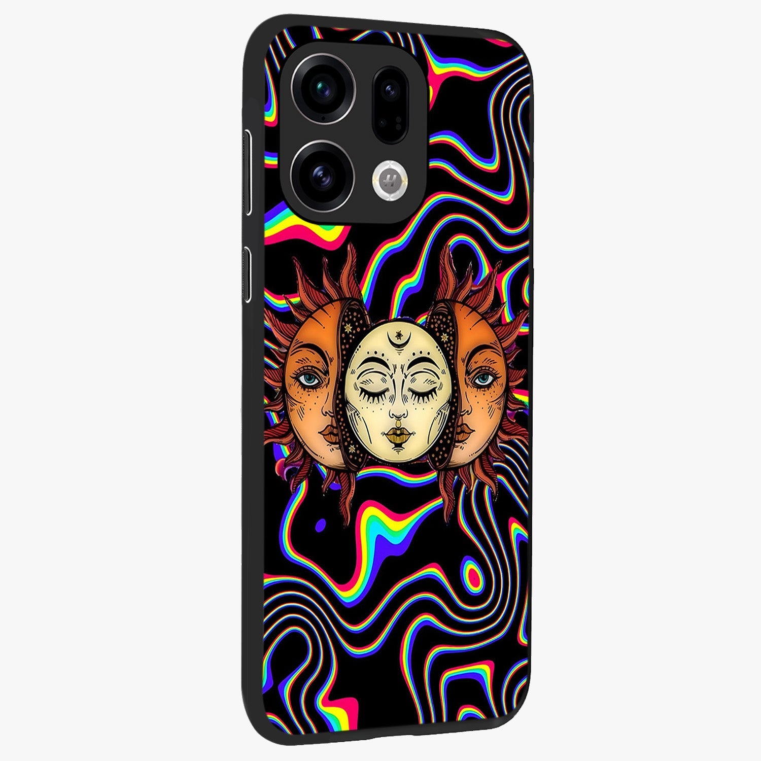 Psychedelic Sun Glass Case upright view showcasing trippy sun artwork with bold psychedelic theme.