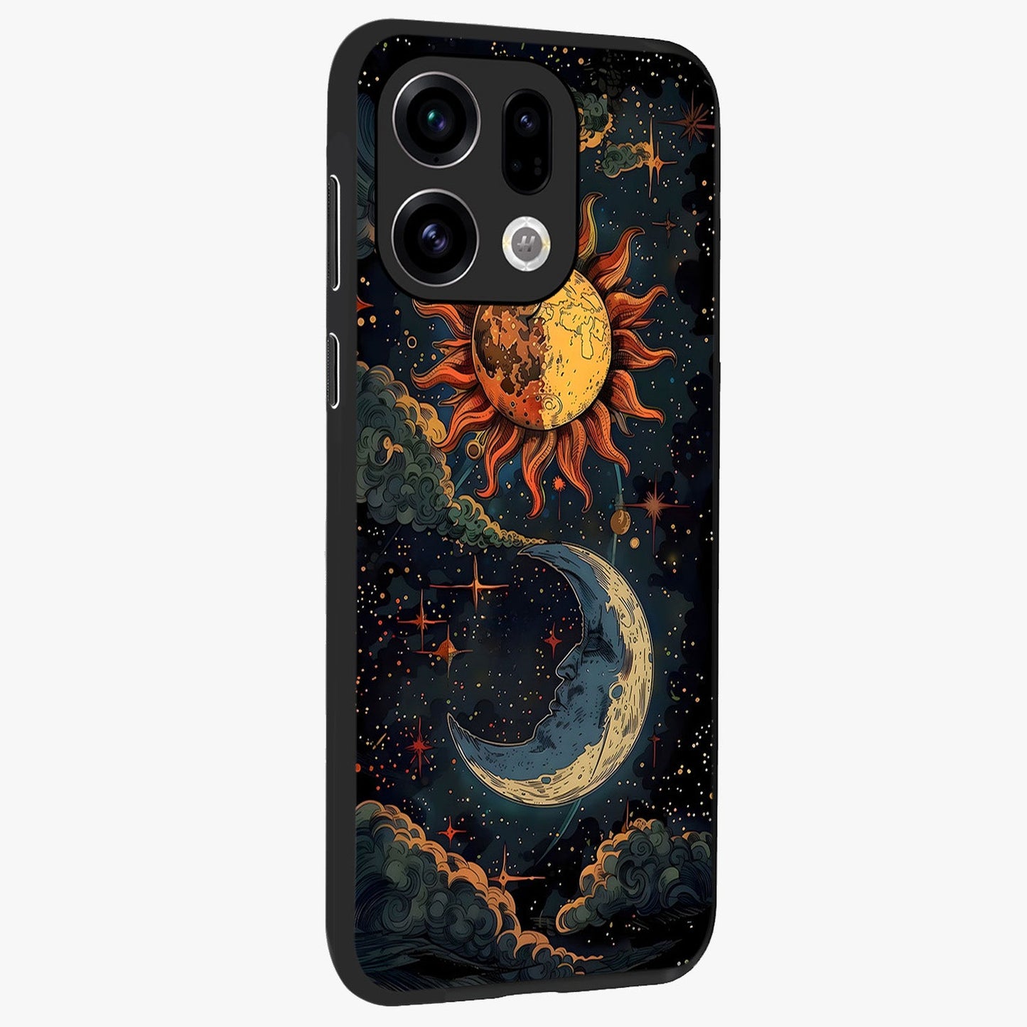 Sun And Moon Magic Design Glass Case upright view showcasing decorative sun and moon artwork with spiritual celestial theme.