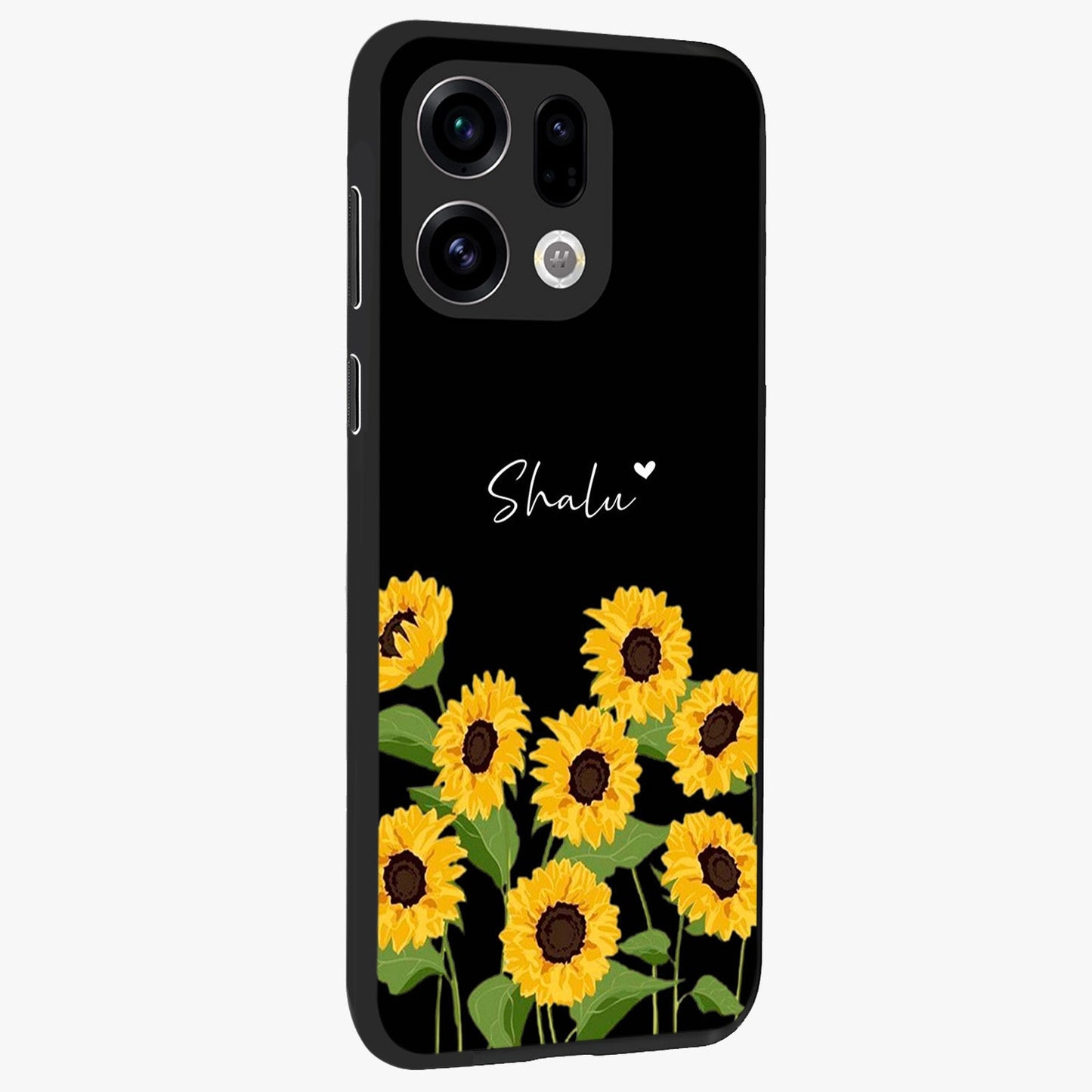 Sunflower Chic Mood Custom Name Glass Case upright view showcasing cheerful sunflower artwork with trendy floral theme.