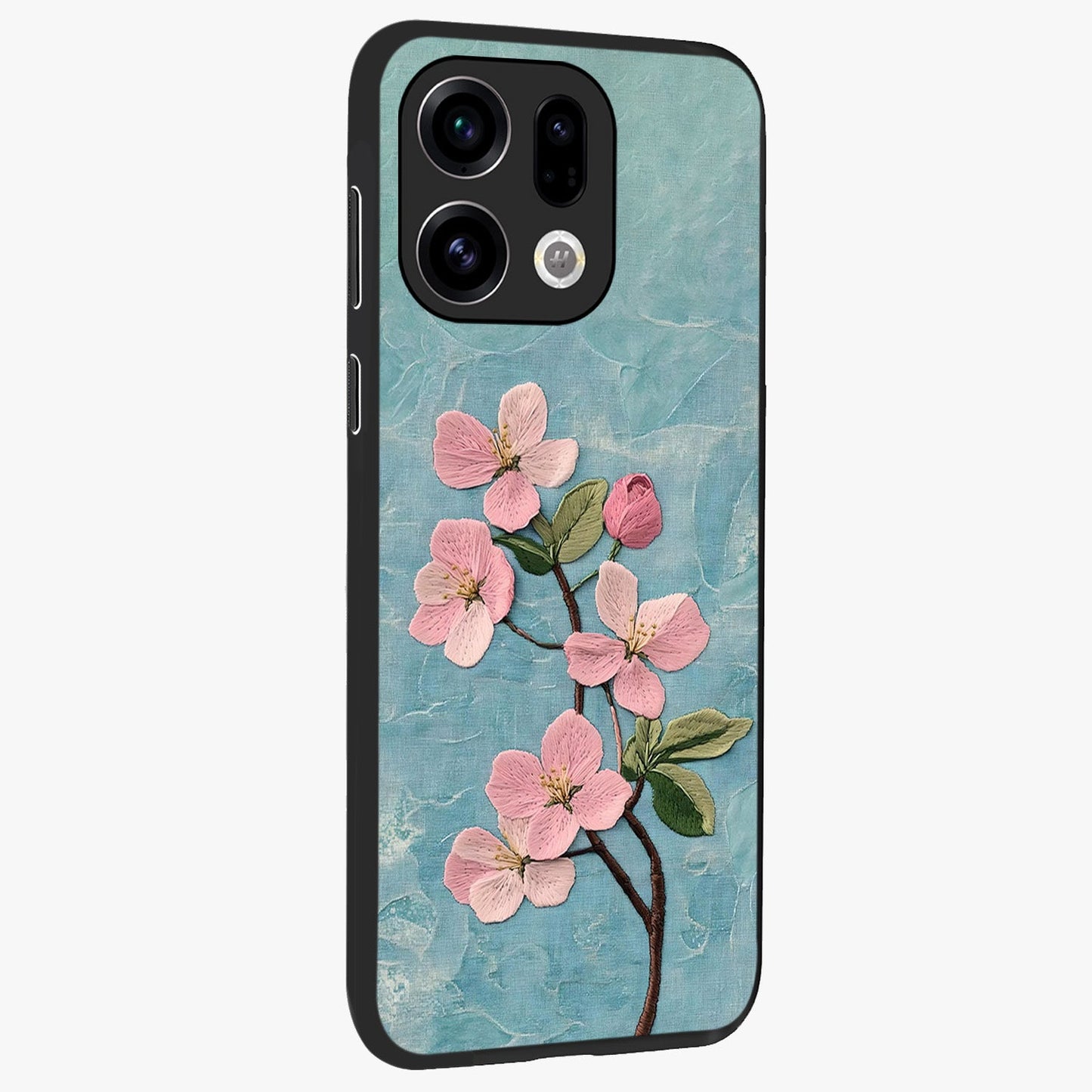 Threaded Blossom Breeze Glass Case upright view showcasing graceful flower artwork with calm botanical theme.