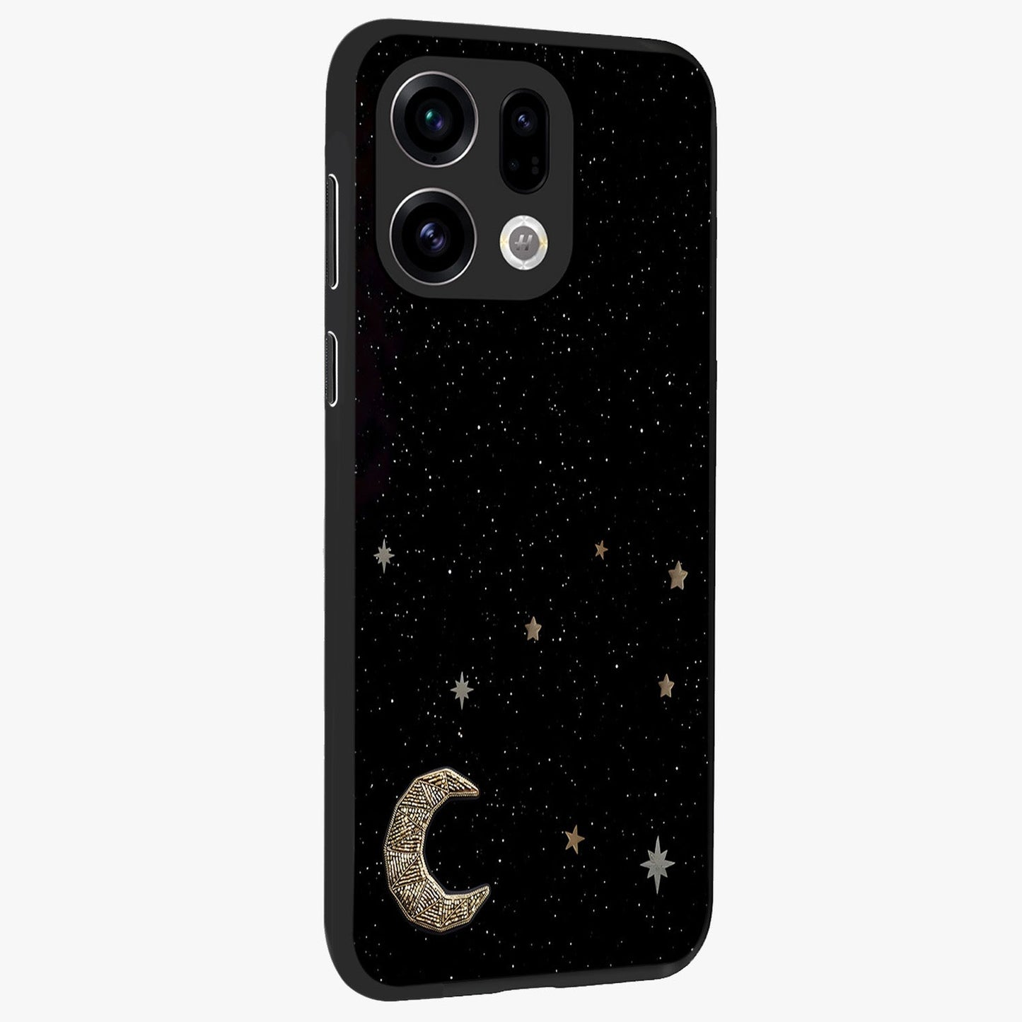 Twinkle Star With Half Moon Glass Case upright view showcasing glowing cosmic artwork with dreamy night theme.