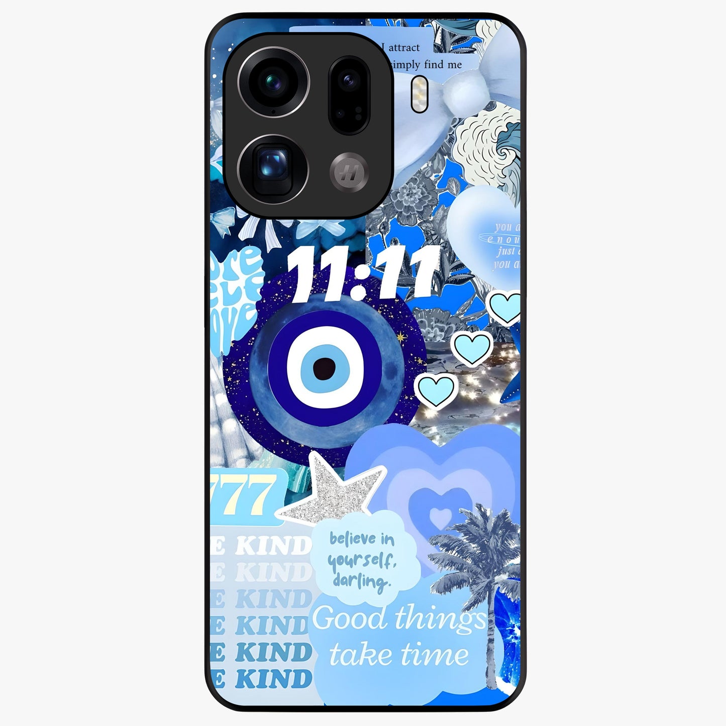 Aesthetic Be Kind Eye Glass Case showing flat back view with motivational eye artwork and glossy glass finish.