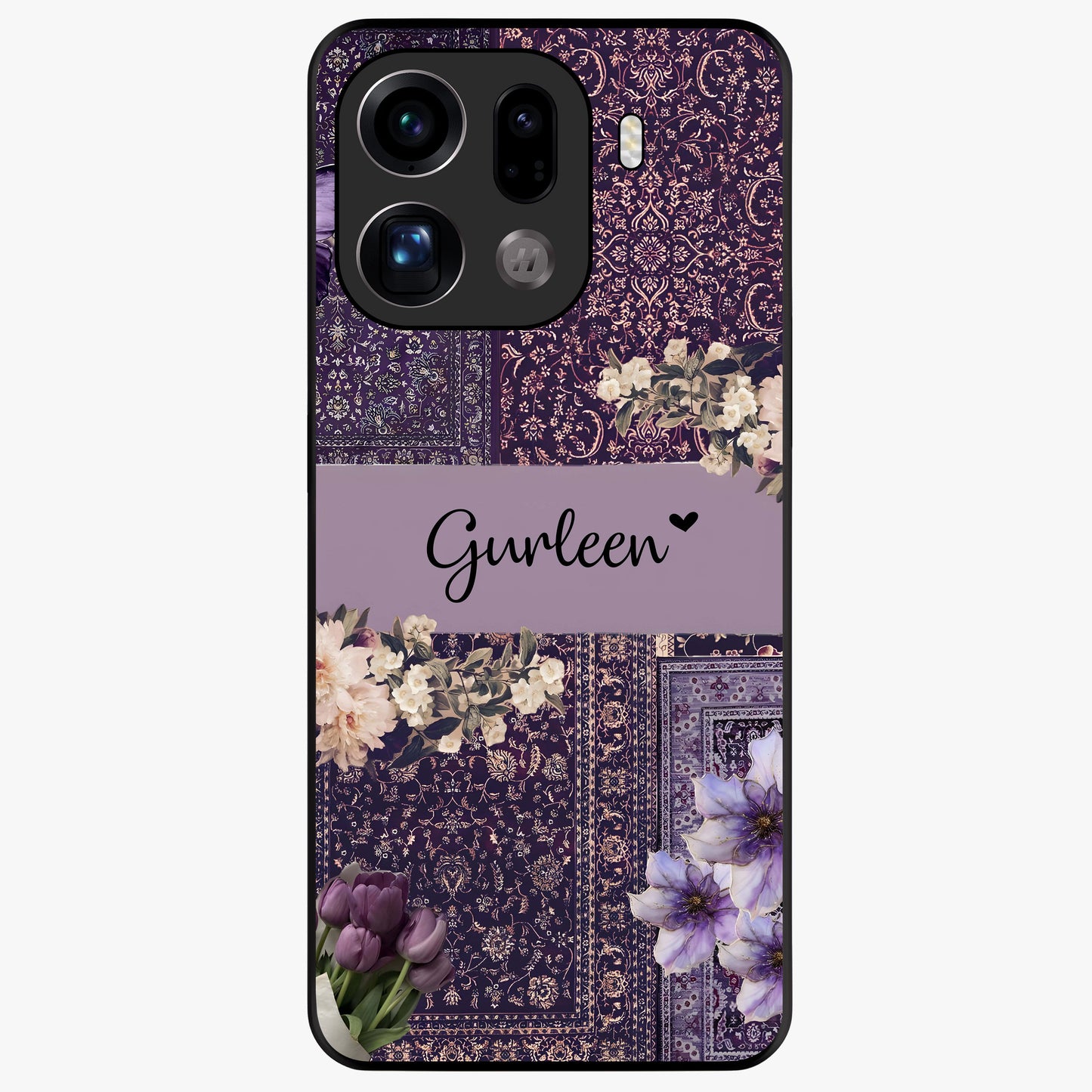 Antique Floral Whisper Custom Name Glass Case showing flat back view with vintage floral artwork and personalized name design.