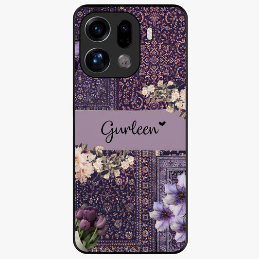 Antique Floral Whisper Custom Name Glass Case showing flat back view with vintage floral artwork and personalized name design.