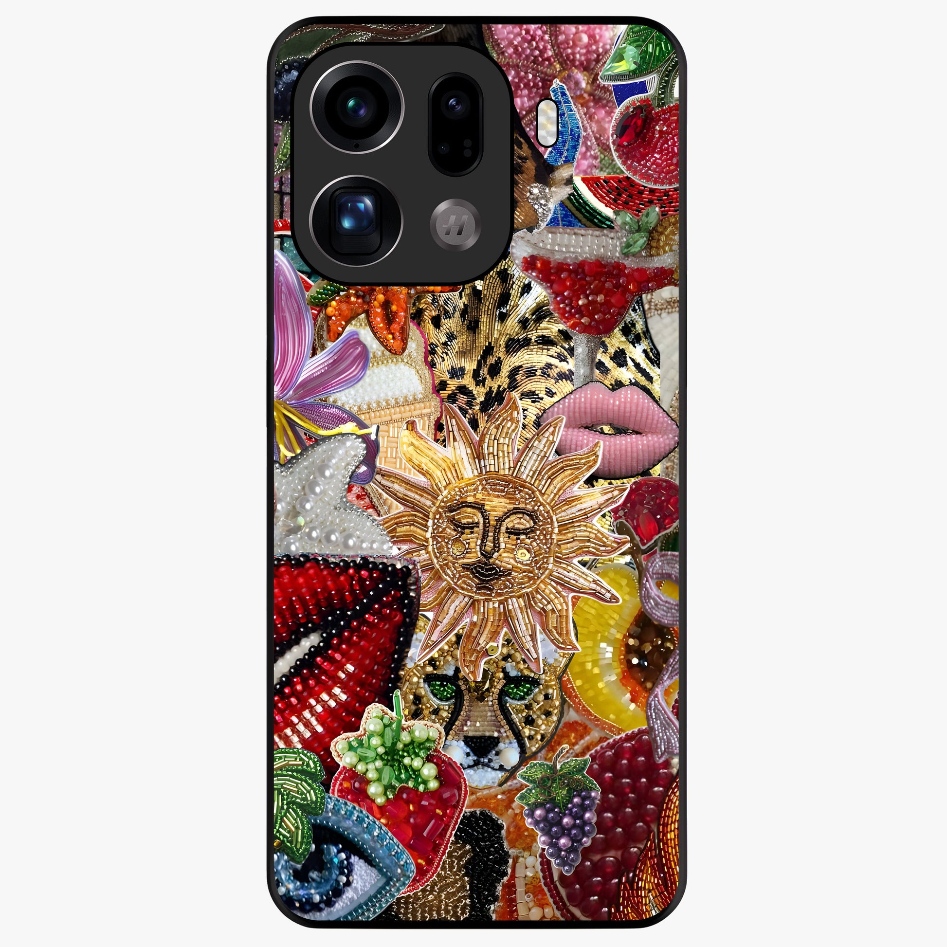 Beaded Fashion Jungle Glass Case showing flat back view with vibrant jungle inspired bead artwork and glossy glass finish.